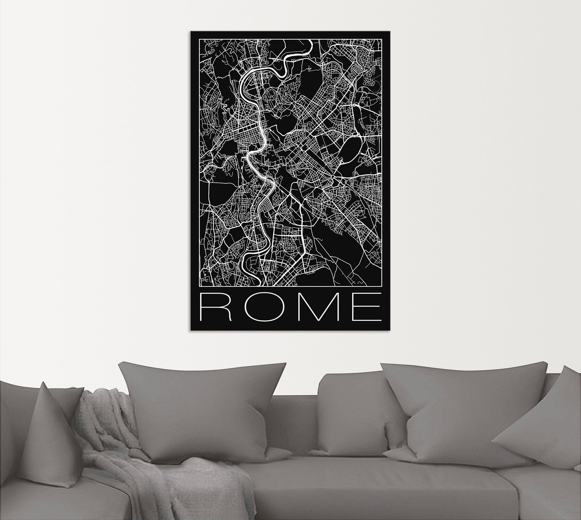 Größen Alubild, St), in oder Italien Wandaufkleber Leinwandbild, Schwarz, Karte (1 versch. Wandbild Italien Rom als Artland Retro Poster
