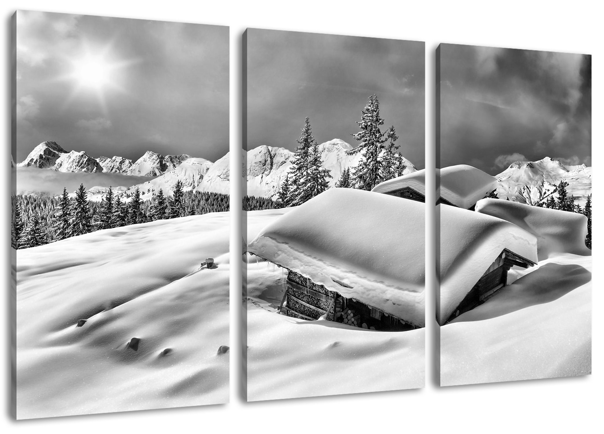 Pixxprint Leinwandbild Berghütten Alpen, Berghütten Alpen 3Teiler (120x80cm) (1 St), Leinwandbild fertig bespannt, inkl. Zackenaufhänger