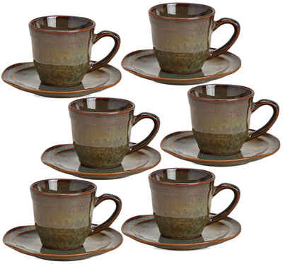 matches21 HOME & HOBBY Tasse Espresso-Tassen mit Untertassen 6er Set Modern Vintage, Keramik, Kleine Kaffee-Tassen Unterteller, Steingut, braun grün, 90 ml