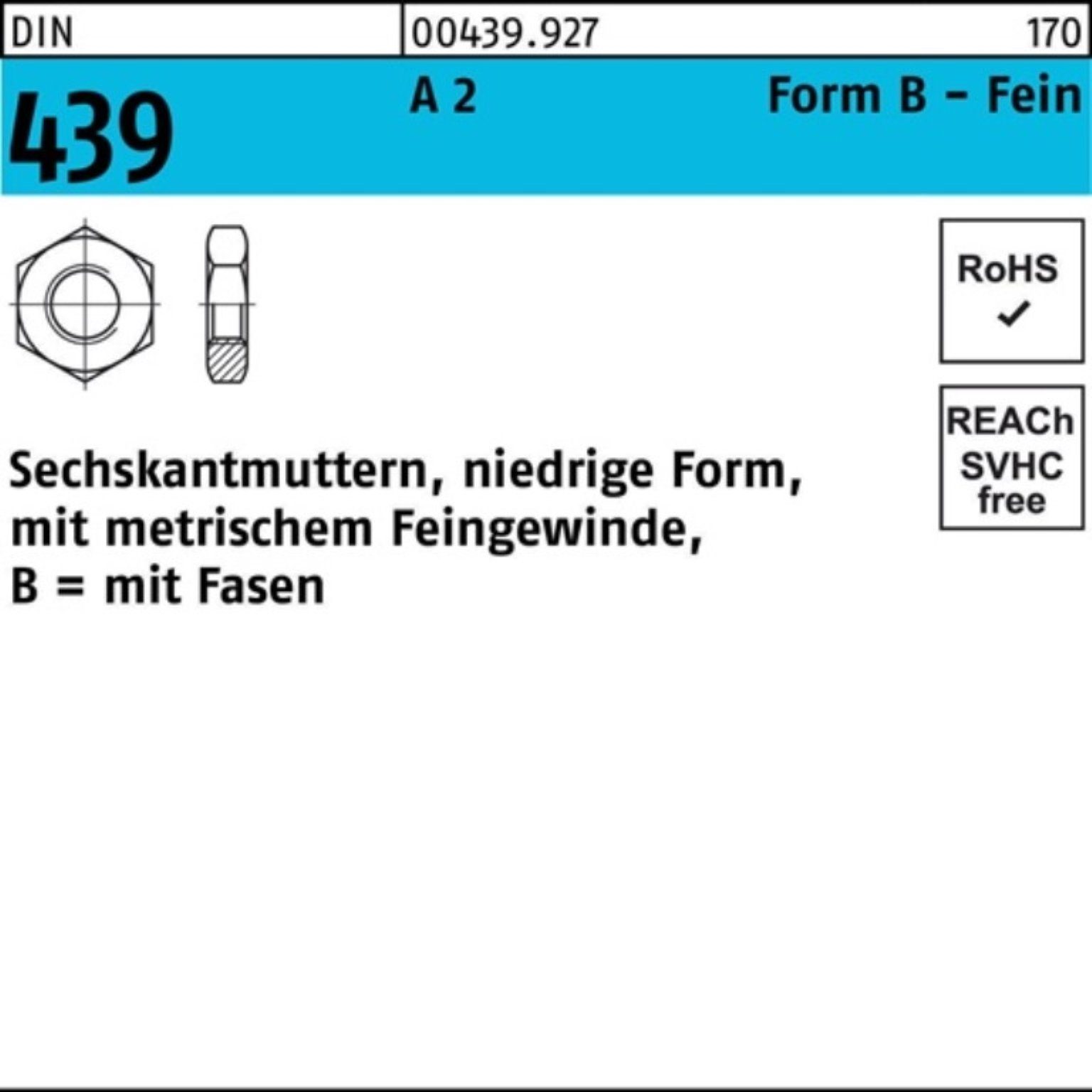 Reyher Muttern 100er Pack Sechskantmutter DIN 439/ISO 4035 FormB BM 12x 1,5 A 2 50 St