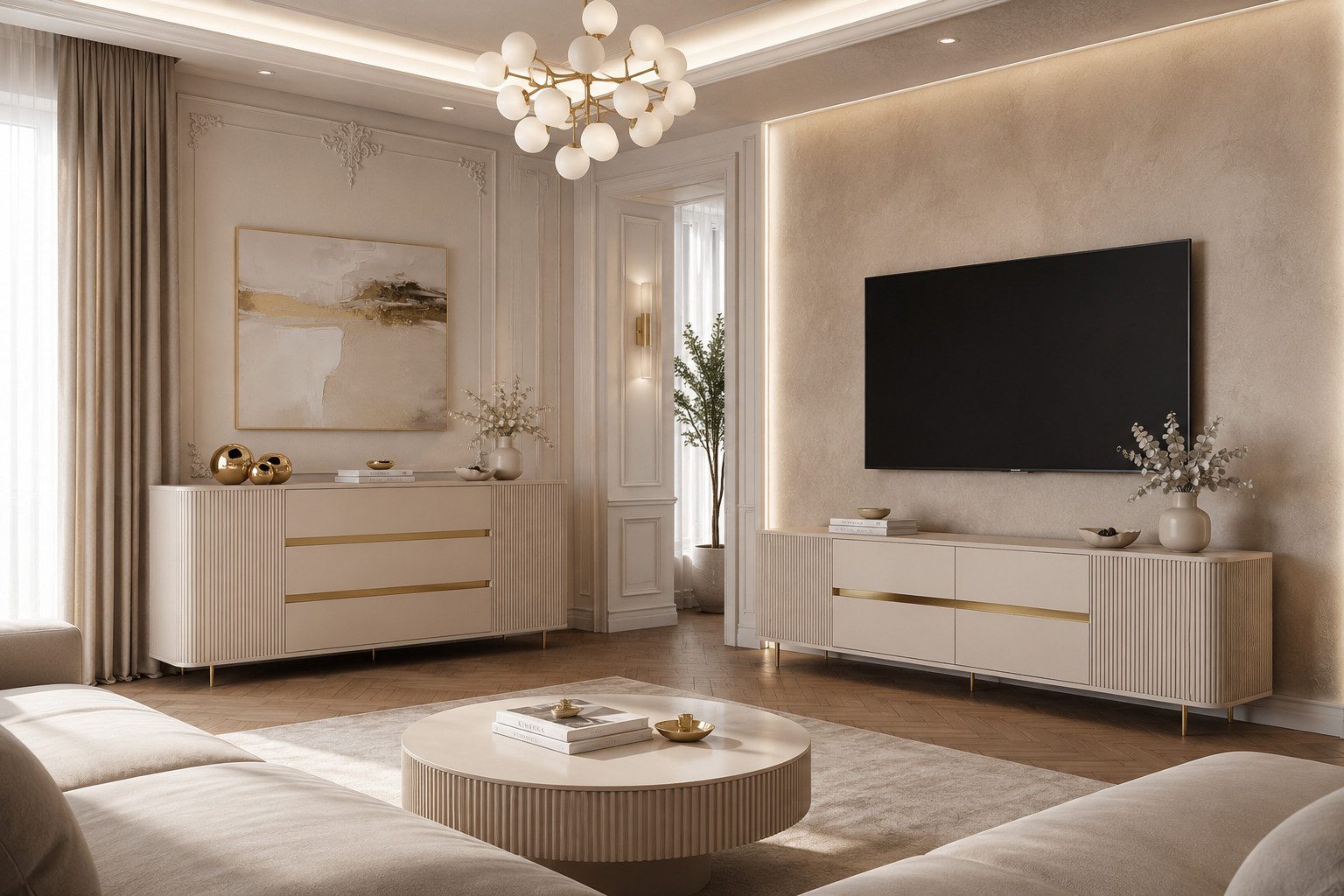 ALLHOUSE24 Wohnzimmer-Set MIRACLE III Sandbeige, gold, TV Schrank, Kommode, Rillenfronten, (2-St., Das Set besteht aus: Kommode, TV Schrank), Breite: Kommode: 180 cm, TV Schrank 240 cm