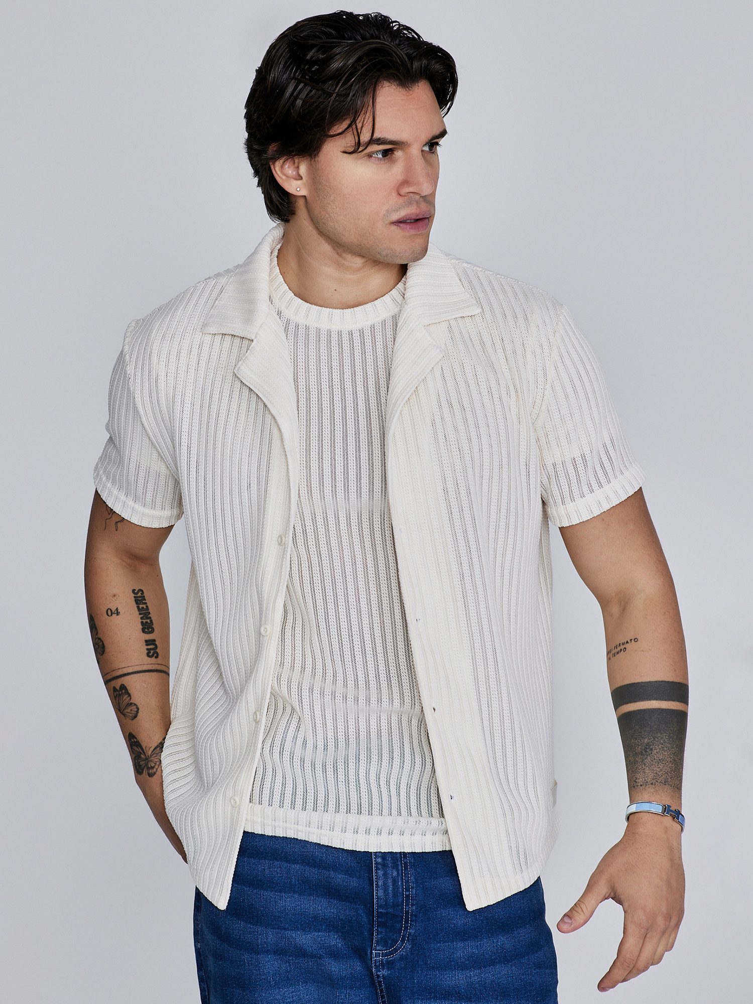 Siksilk Kurzarmhemd SikSilk Herren Ecru Texturiertes Resort Hemd