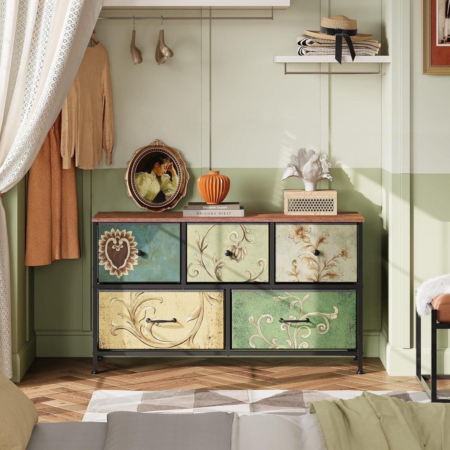 FUROKOY Kommode Stauraumschrank,Schrank Schlafzimmer,Metallrahmen,Retro Stil, Blumenmuster,5 Schubladen