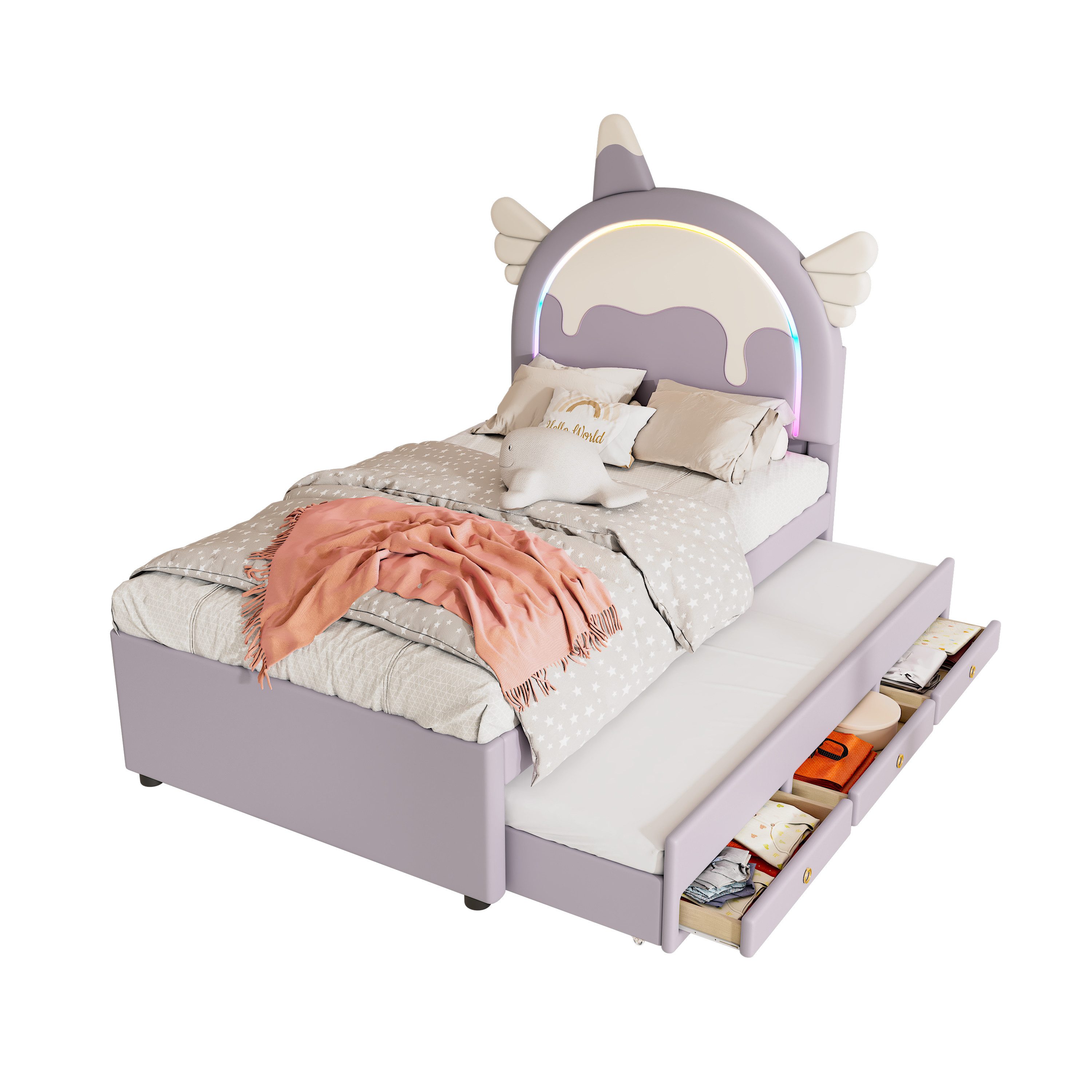 Welikera Prinzessinbett 90*200cm Cartoon Kinderbett,Ausgestattet mit Ausziehbares Rollbett, Einzelbett,Einhornform,PU-Material,Violett,rosa
