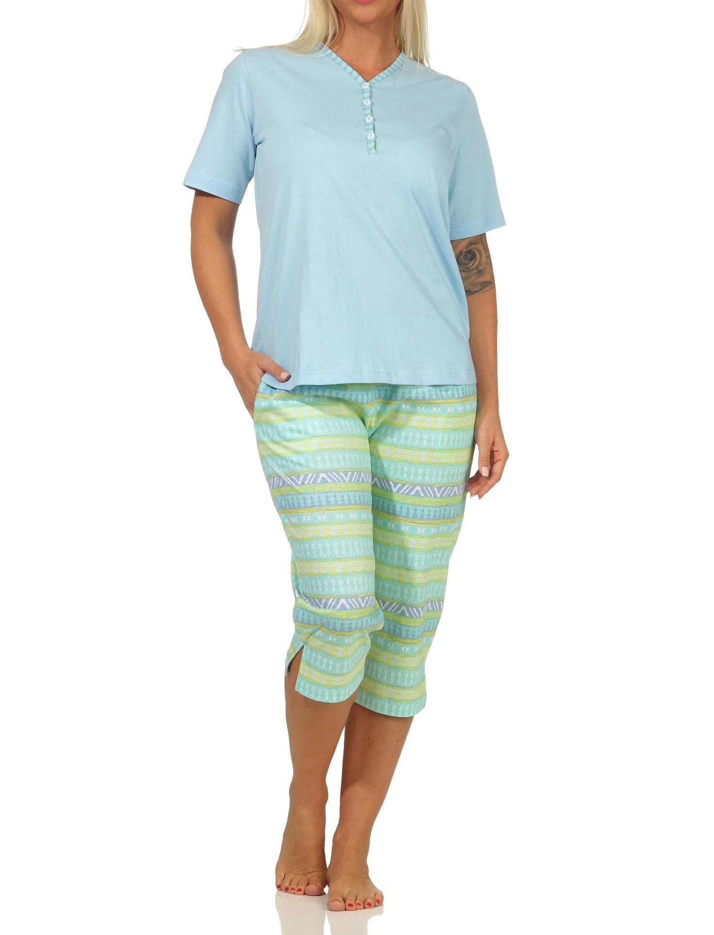 Pyjama Damen Schlafanzug kurzarm Pyjama mit Capri-Hose im Ethnolook