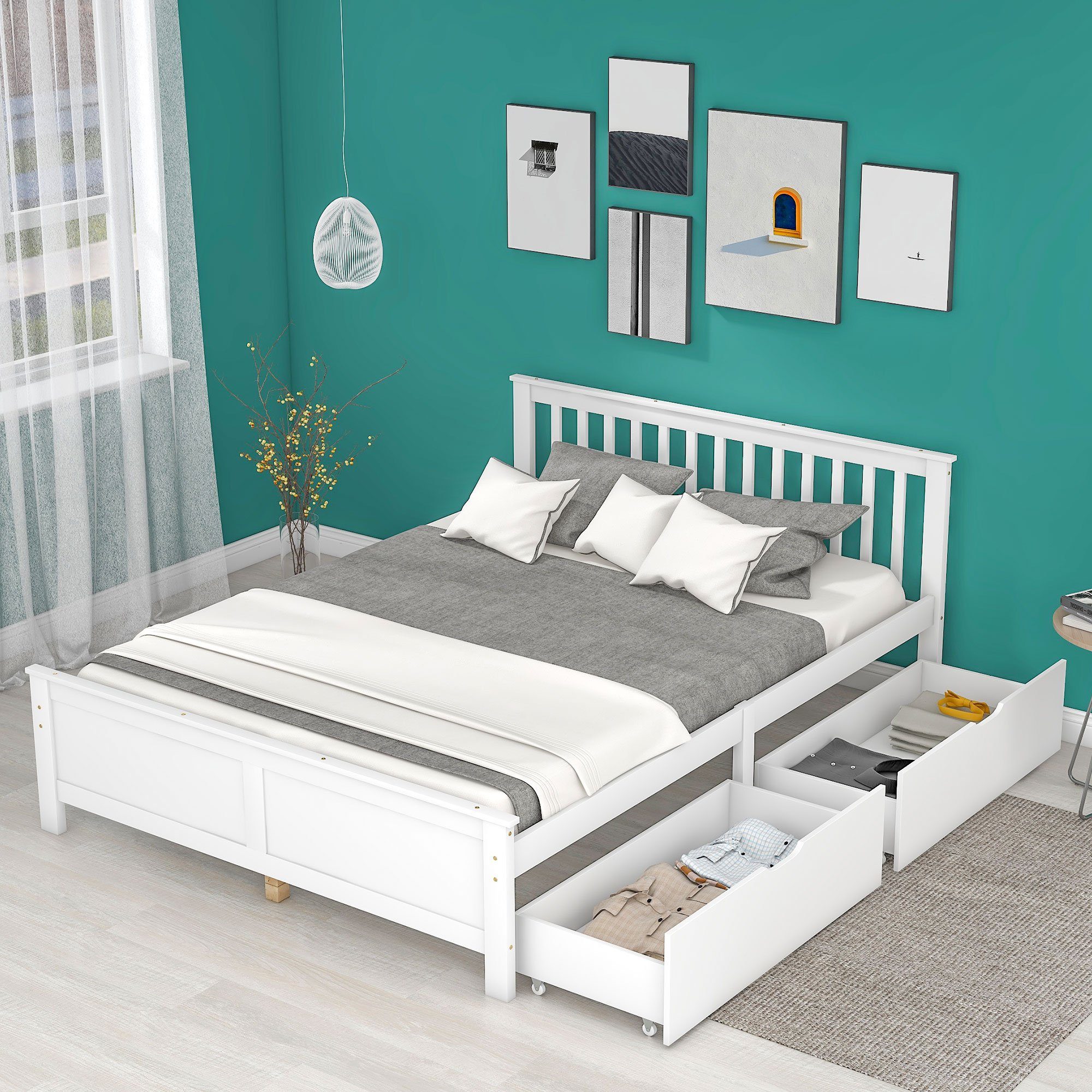 REDOM Holzbett Holzbett, Erwachsenenbett, Kinderbett (140x200cm, mit Schubladen zur Aufbewahrung, Rahmen aus Kiefernholz), Ohne Matratze