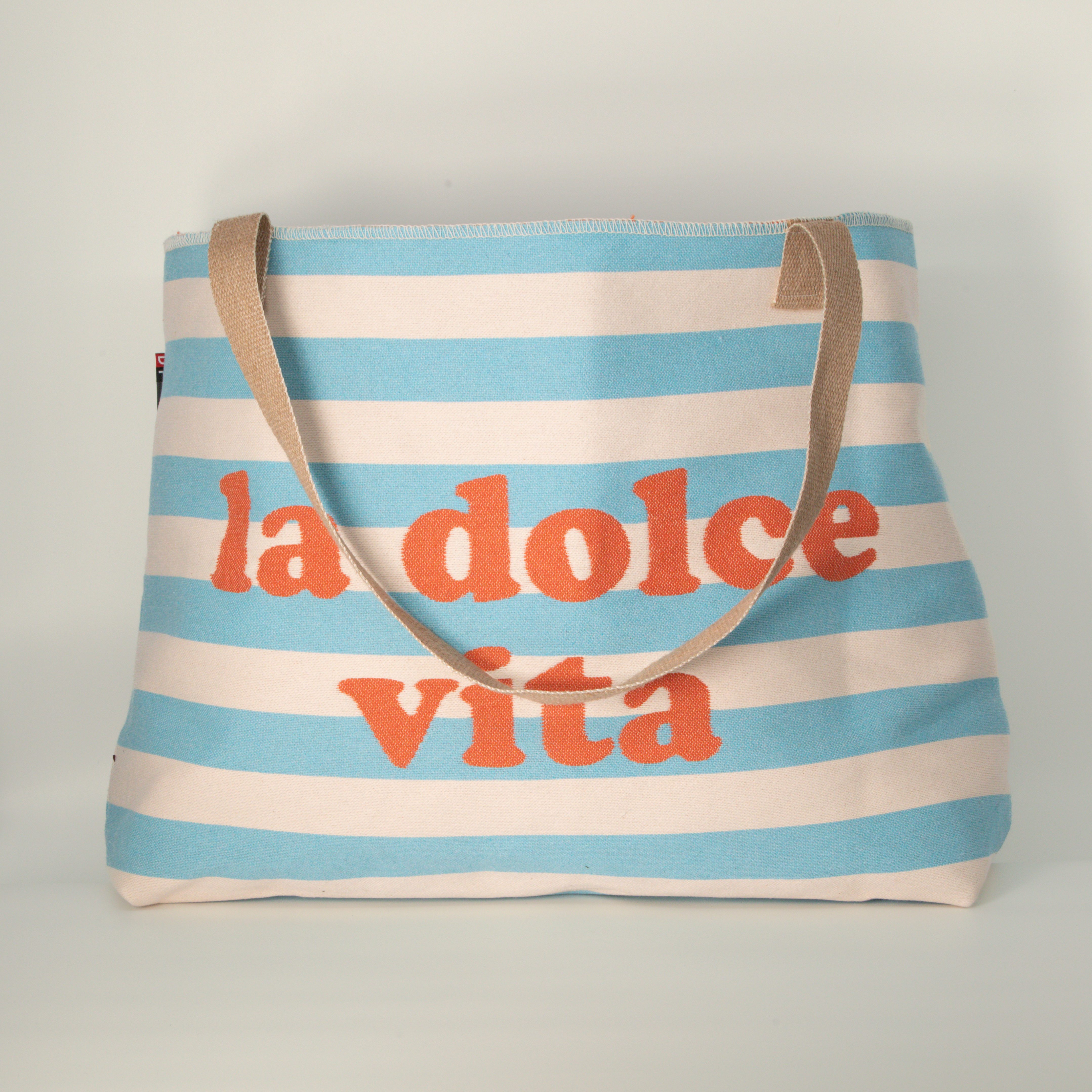 Geschenkbox Tragetasche Große Tasche "la dolce vita“ blau-weiß 65x40cm (Bestens für Italien-Fans geeignet), Biobaumwolle, 65 x 40 cm