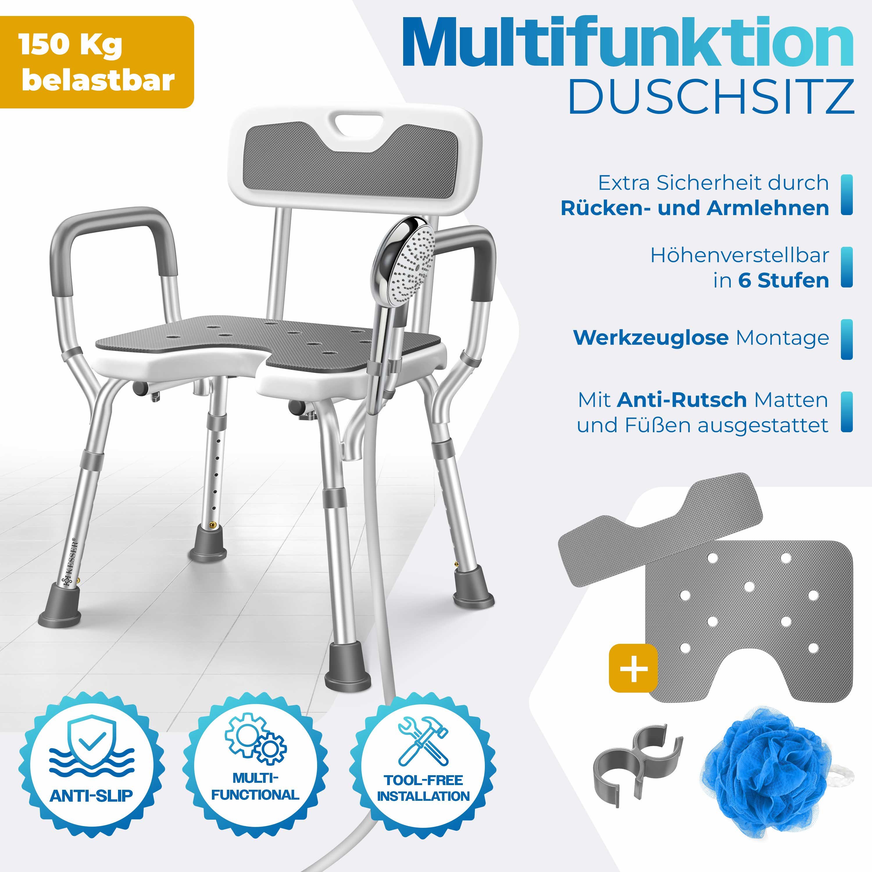 KESSER Badhocker Duschhocker mit Lehne höhenverstellbar in 6 Stufen 38-54cm (Duschstuhl mit Brausehalterung, Anti-Rutsch Füße & Matten), Duschsitz 150KG belastbar Duschhilfe Senioren & Schwangere