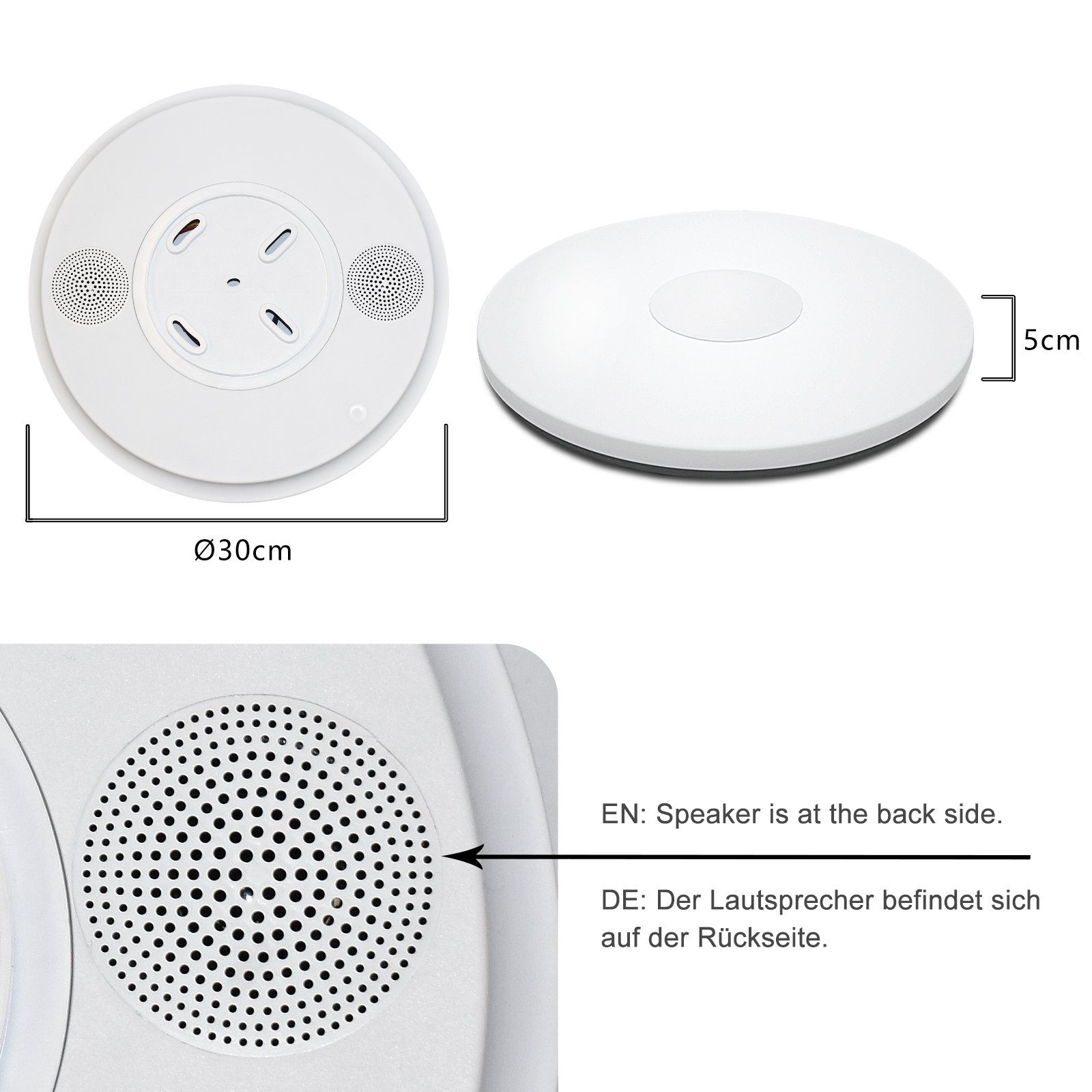 JDONG Wohnzimmer Weißes Lautsprecher, Badzimmer Steue, und integriert, mit Dimmbar Deckenlampe fest LED für Rauschen Schlafzimmer Küche Wasserdicht rgb, rung Fernbedienung Deckenleuchte Farbwechsel, mit Bluetooth Kinderzimmer LED IP44 Doppelter APP