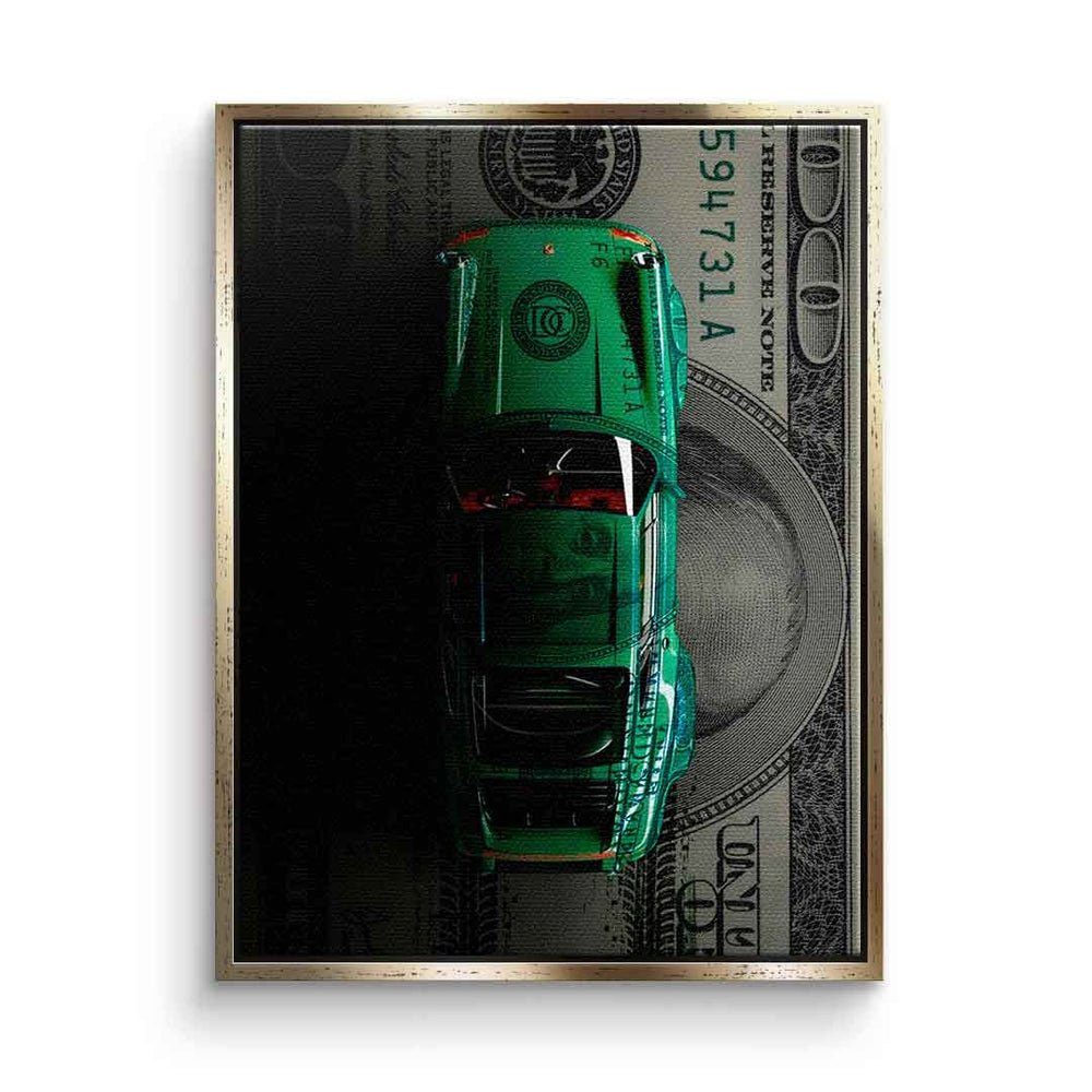 DOTCOMCANVAS® Leinwandbild, Leinwandbild Porsche green Dollar car Geld Motivation Erfolg schwarz g goldener Rahmen