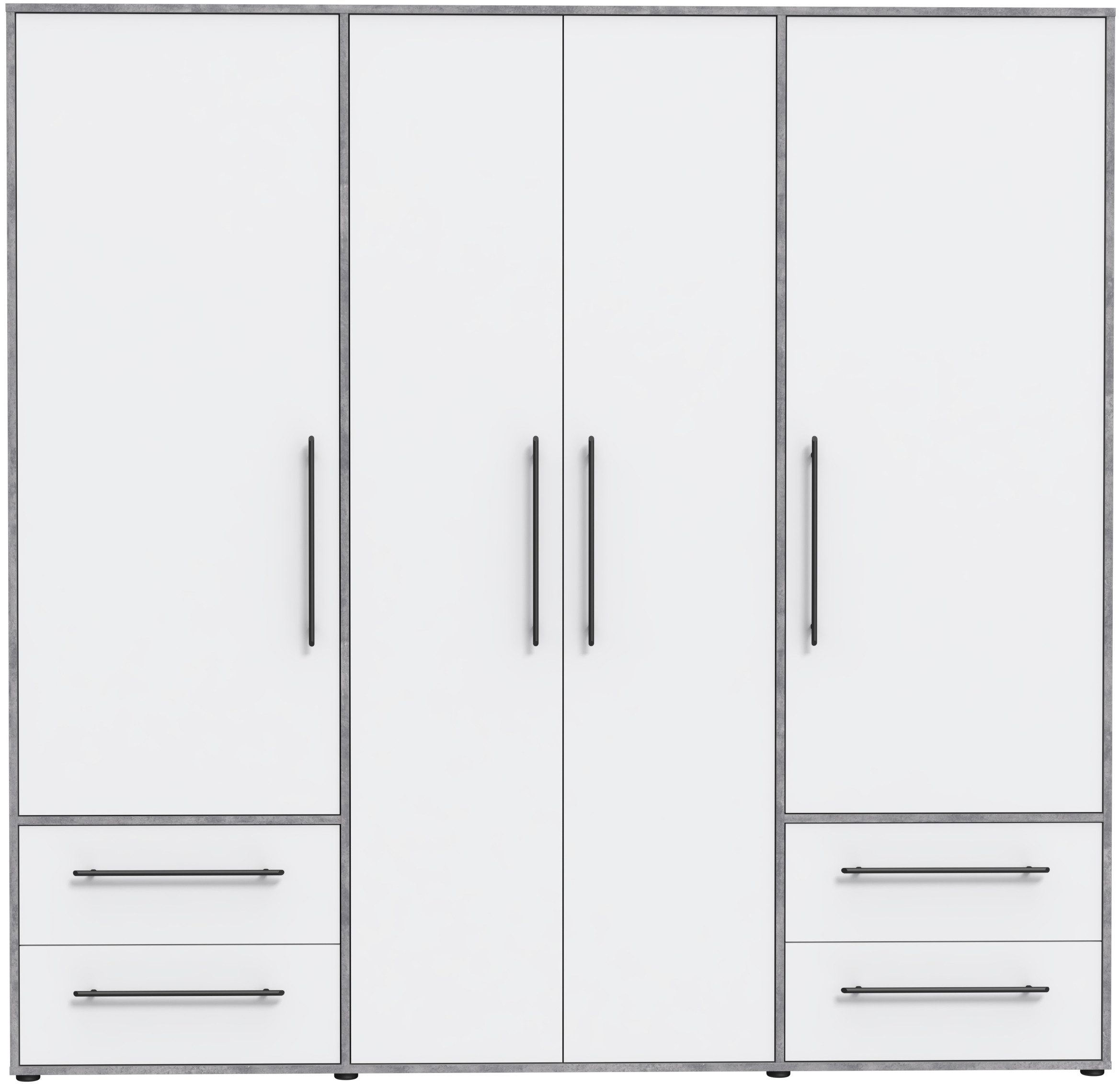 FORTE Kleiderschrank Mokkaris, Garderobe, zeitloses Design, 4 Türen, Made in Europe (B/H/T ca. 206x200x59cm) 4 Schubladen + schwarze Stangengriffe, Made in Europe, viel Stauraum
