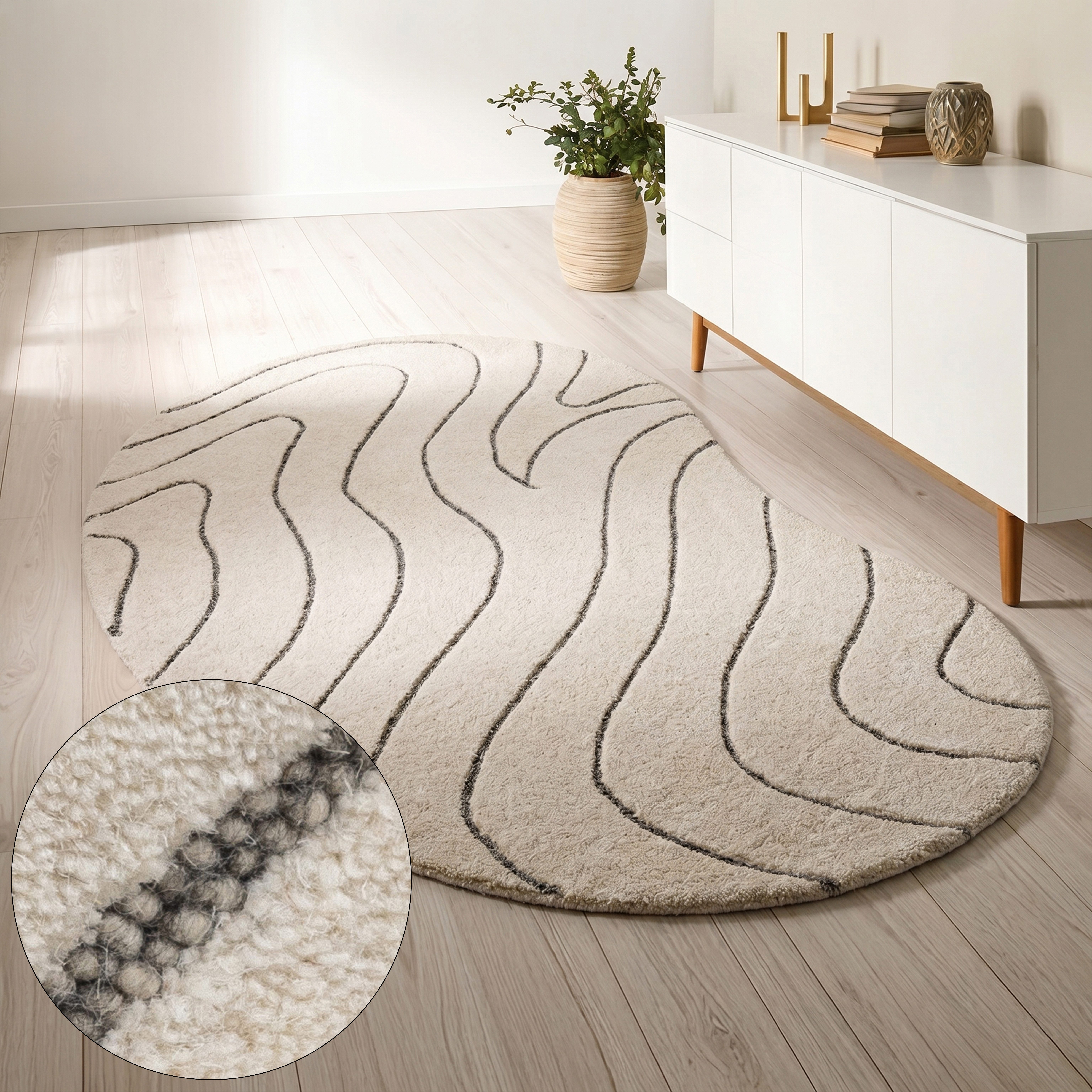 LeGer Home by Lena Gercke Wollteppich Zarrah, mit Wellendesign, besondere Form, organisch, oval, Höhe: 14 mm, reine Wolle, modern, Scandi, Schlafzimmer, Wohnzimmer, Esszimmer