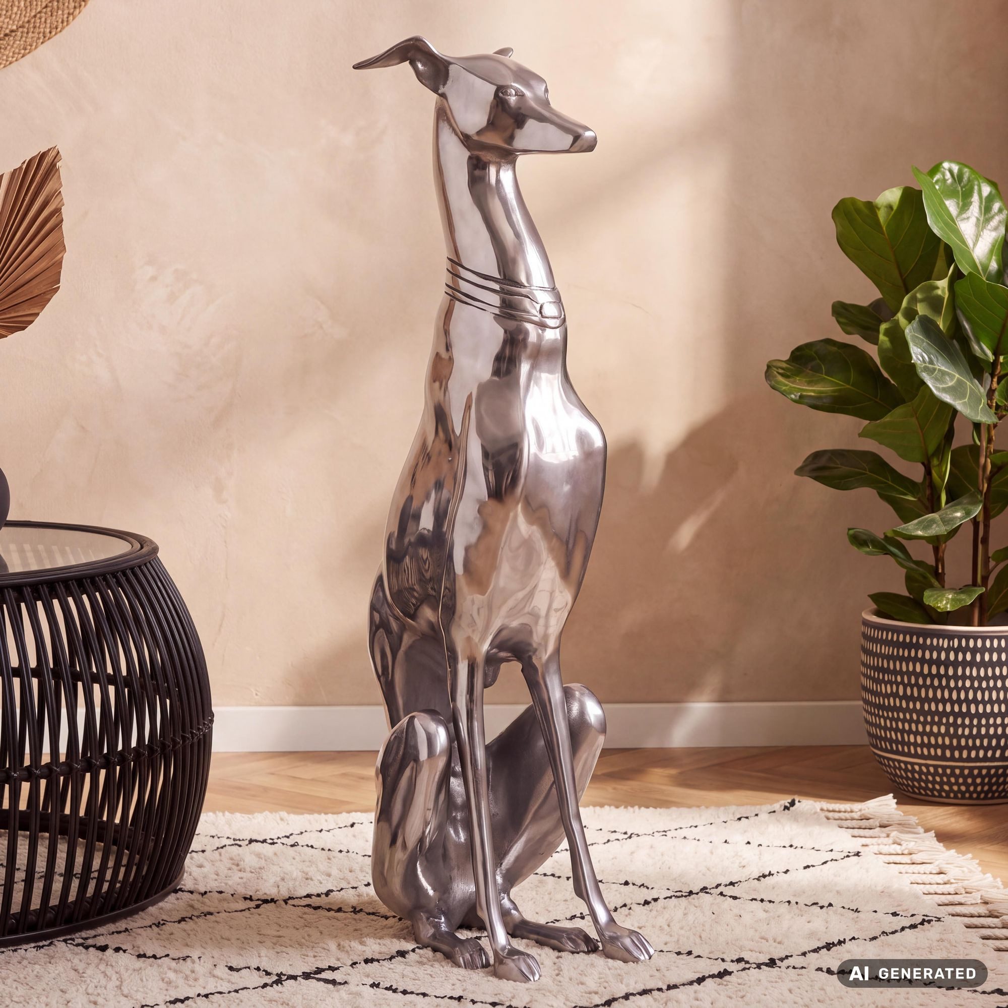 FINEBUY Tierfigur FB37863 Deko Design Dog aus Aluminium silbern Windhund Skulptur (Hundefigur Groß, Skulptur Hundestatue Dekoration), Windhund 18x70x25cm Aluminium Metall Silber Modern