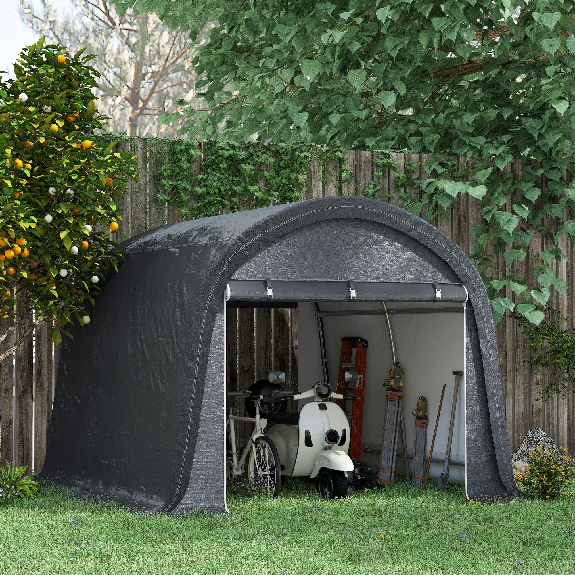 CHICFURN Gerätehaus 3x3m in Grau aus Stahl & PE mit UV-Schutz & wasserabweisend, BxT: 300x300 cm, (Packung, 1 St), Geräteschuppen mit zwei Rolltoren für Gartenwerkzeuge & Geräte