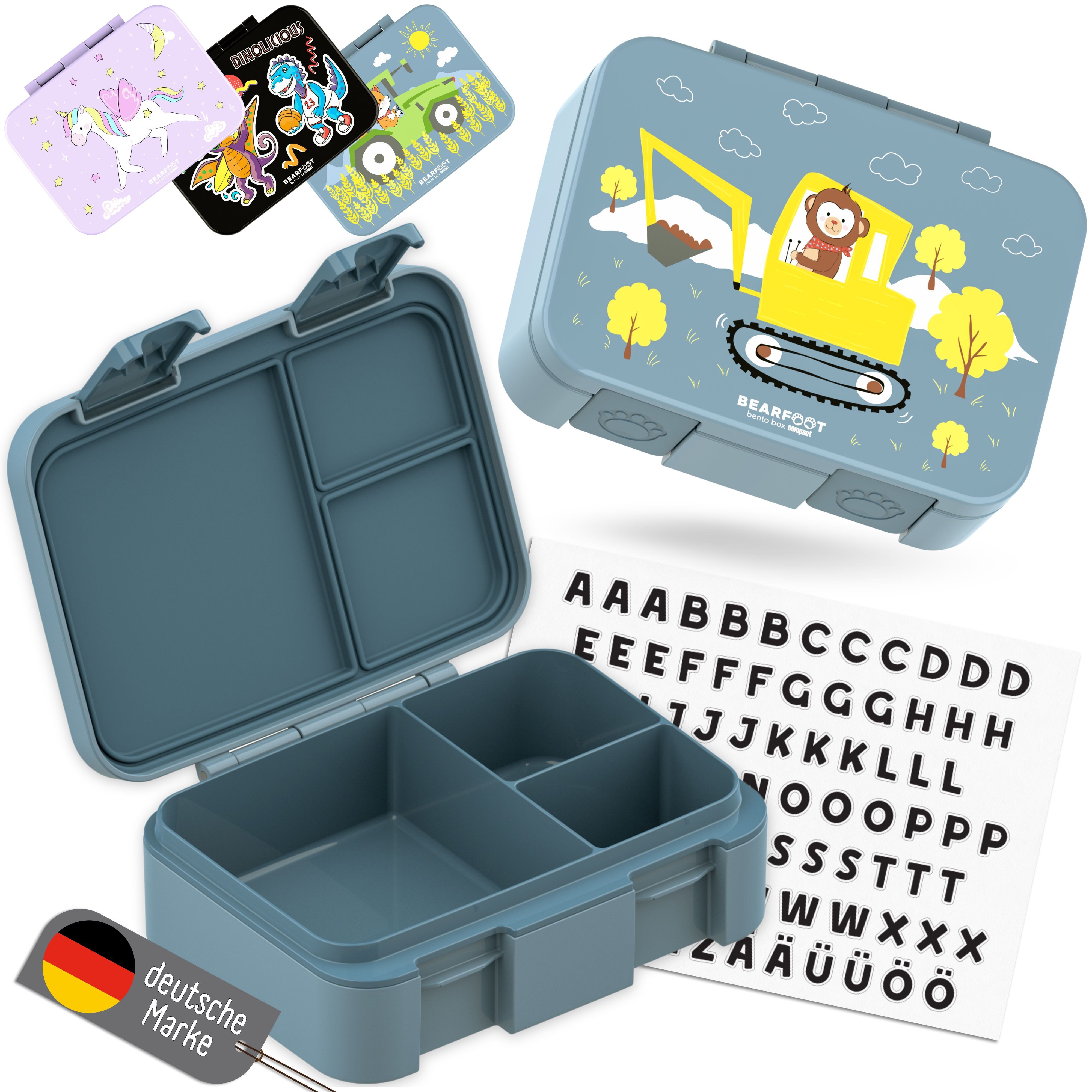 BEARFOOT Lunchbox Brotdose mit Fächern, leicht & auslaufsicher - Bagger blau, PP, ABS, Silikon, Kindergarten und Schule - Mädchen und Jungen, Vesperbox, Snackbox