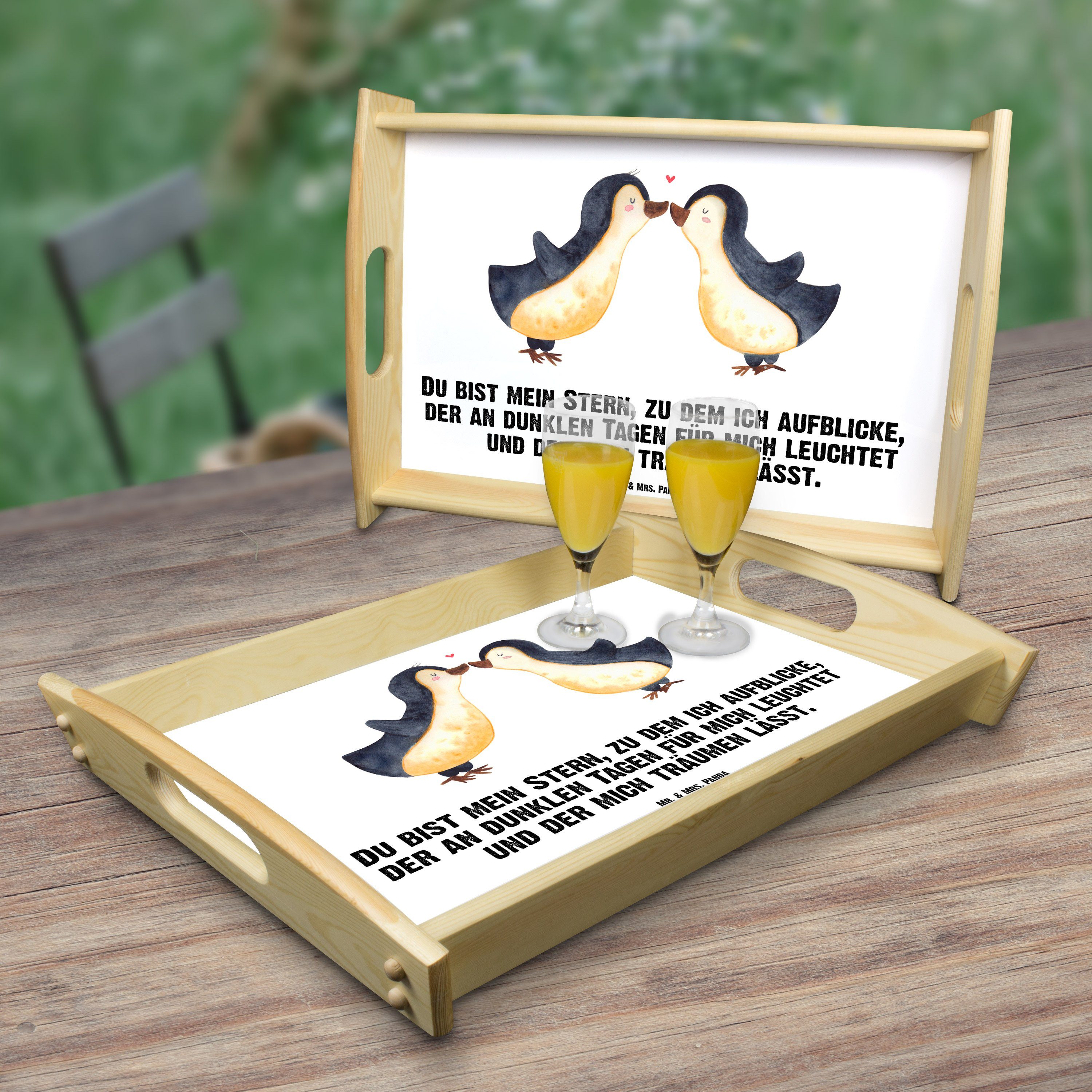 Mr. & Mrs. Panda Tablett Pinguin Liebe - Weiß - Geschenk, Hochzeitstag, große Liebe, Frühstück, Echtholz lasiert, (1-tlg)