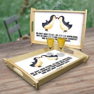 Mr. & Mrs. Panda Tablett Pinguin Liebe - Weiß - Geschenk, Hochzeitstag, große Liebe, Frühstück, Echtholz lasiert, (1-tlg), Strahlender Aufdruck