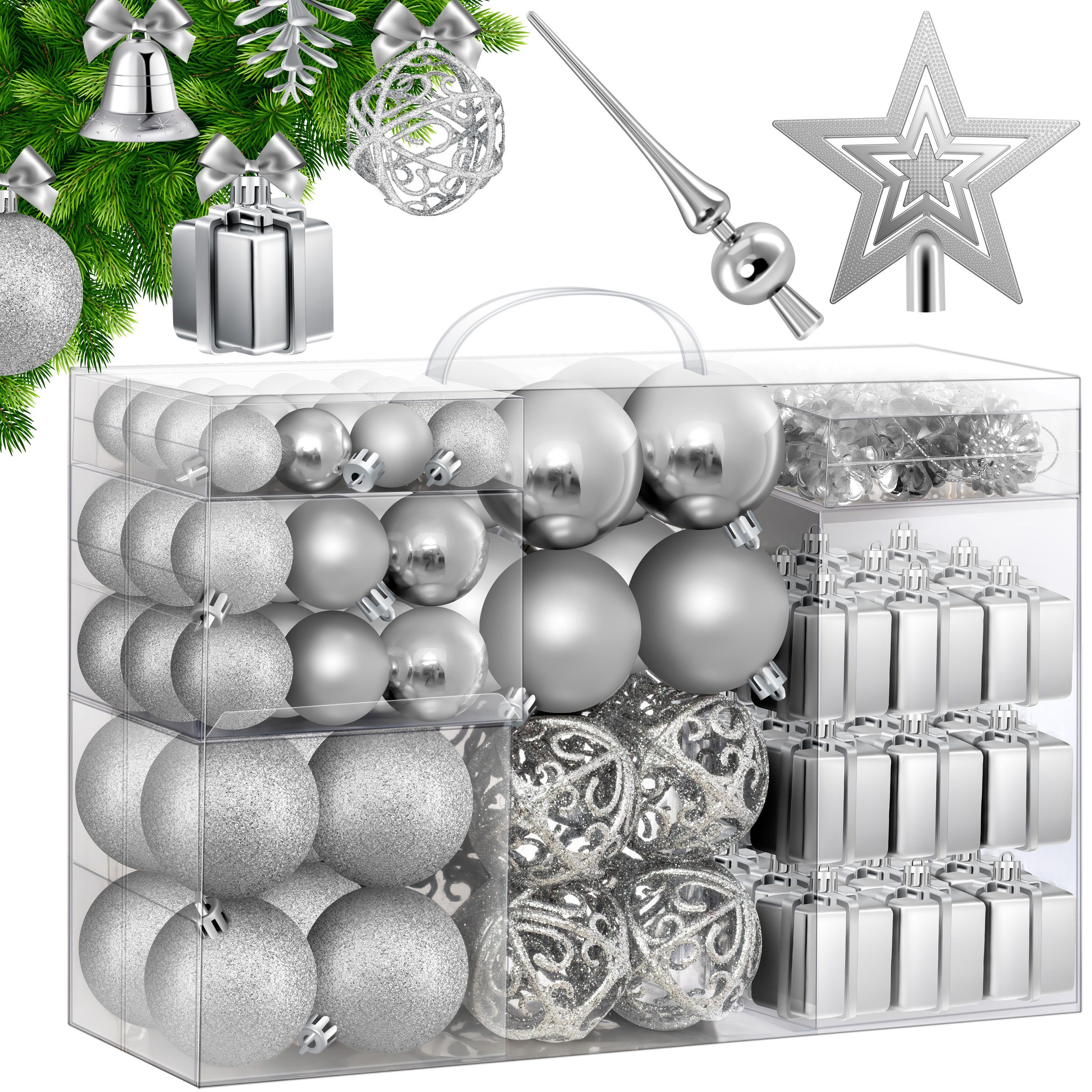 Baumspitze silber Christbaumschmuck (102-tlg), Christbaumkugeln KESSER Set 102-teiliges Weihnachtskugeln