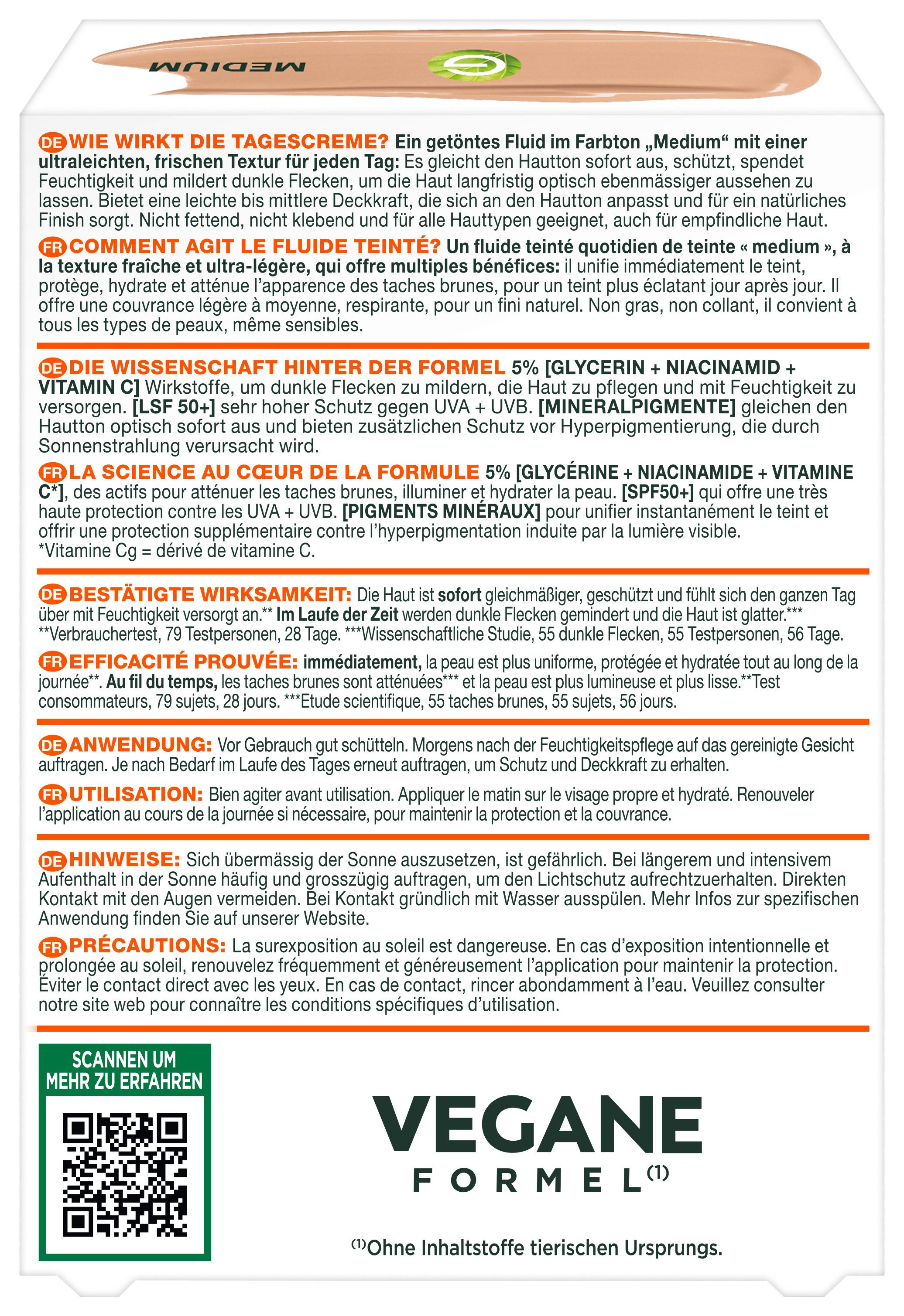 GARNIER Getönte Gesichtscreme Garnier Vitamin C Wonder Tint All-In-1 Getöntes Fluid, mit LSF 50+, Fluid-Textur, nicht fettende und nicht klebende Formel
