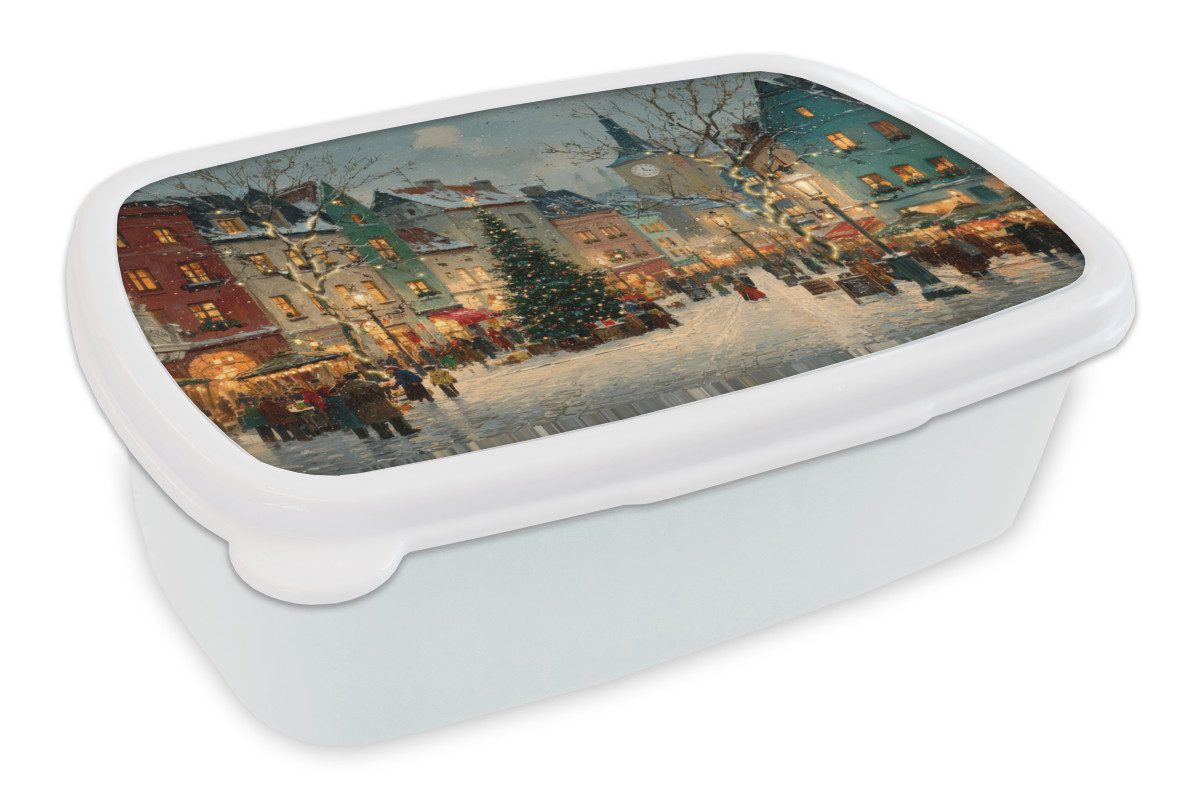 MuchoWow Lunchbox Weihnachtliche Atmosphäre - City Square - Farbenfroh, Kunststoff, (2-tlg), Brotdose Schule oder Arbeit, Brotbox für Kinder und Erwachsene