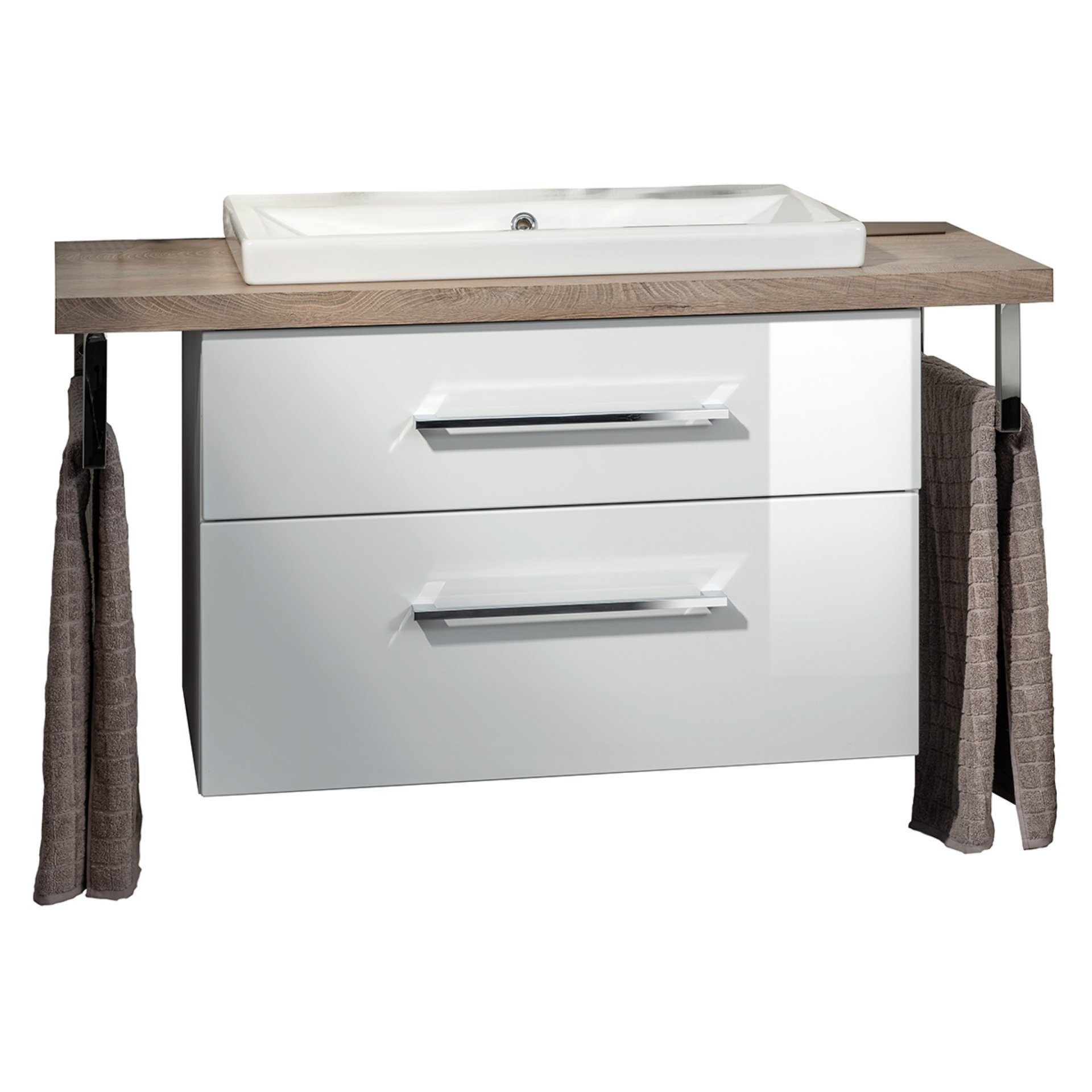 FACKELMANN Badmöbel-Set HYPE 3.0 Badmöbel Set 4-teilig, 110cm, Braun, Weiß, Keramikbecken