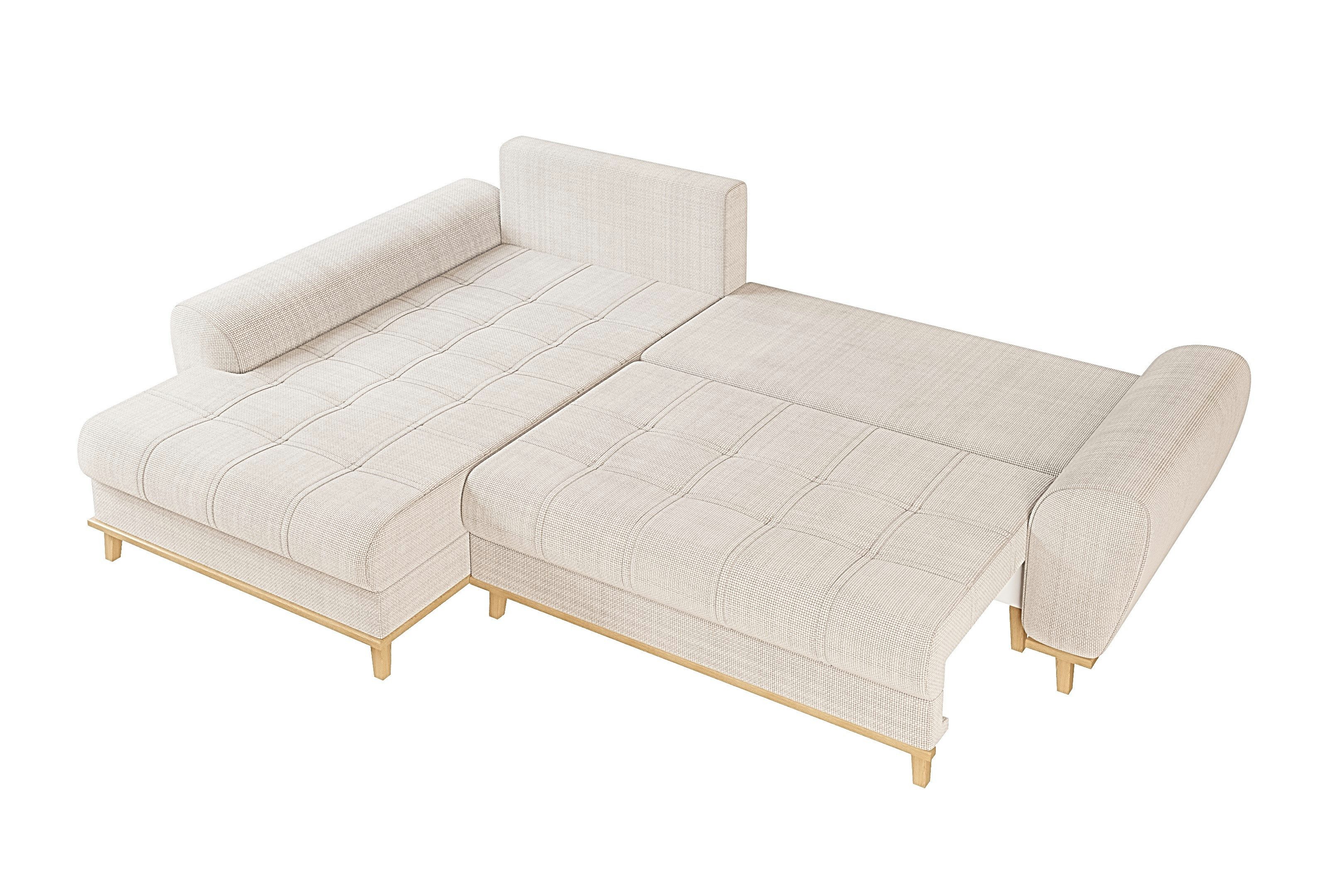 luma-home Ecksofa 21014, im Scandi-Stil mit Schlaffunktion und Bettkasten, Wellenunterfederung, B268/T175/H86 cm, Ottomane links, weicher Bouclé Chenille Stoff in Beige