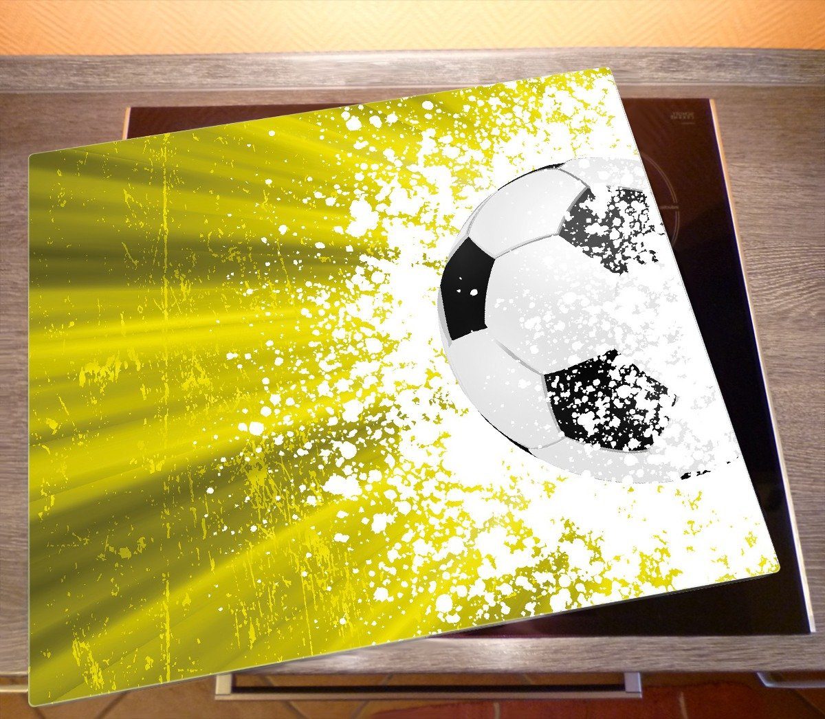 Fußball inkl. 1 - Splashing Größen tlg., in (Glasplatte, Wallario verschiedene Design ESG-Sicherheitsglas, Herd-Abdeckplatte Noppen), 5mm gelb,