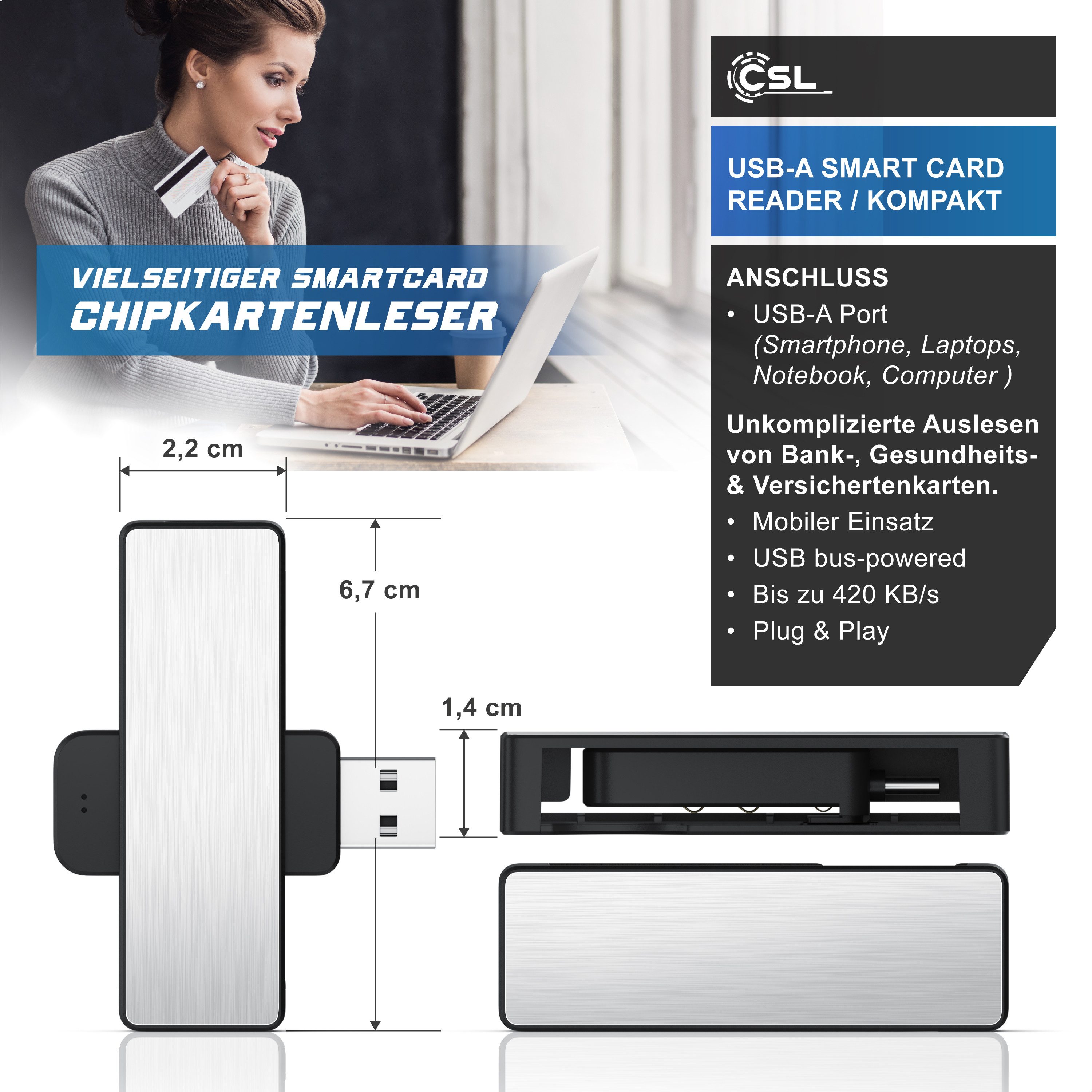 CSL Speicherkartenleser USB Smart Card Reader / Chipkartenleser und Schreiber, ISO 7816, Win 10–11, Android, Personalausweis, Krankenkassen & Bankkarten