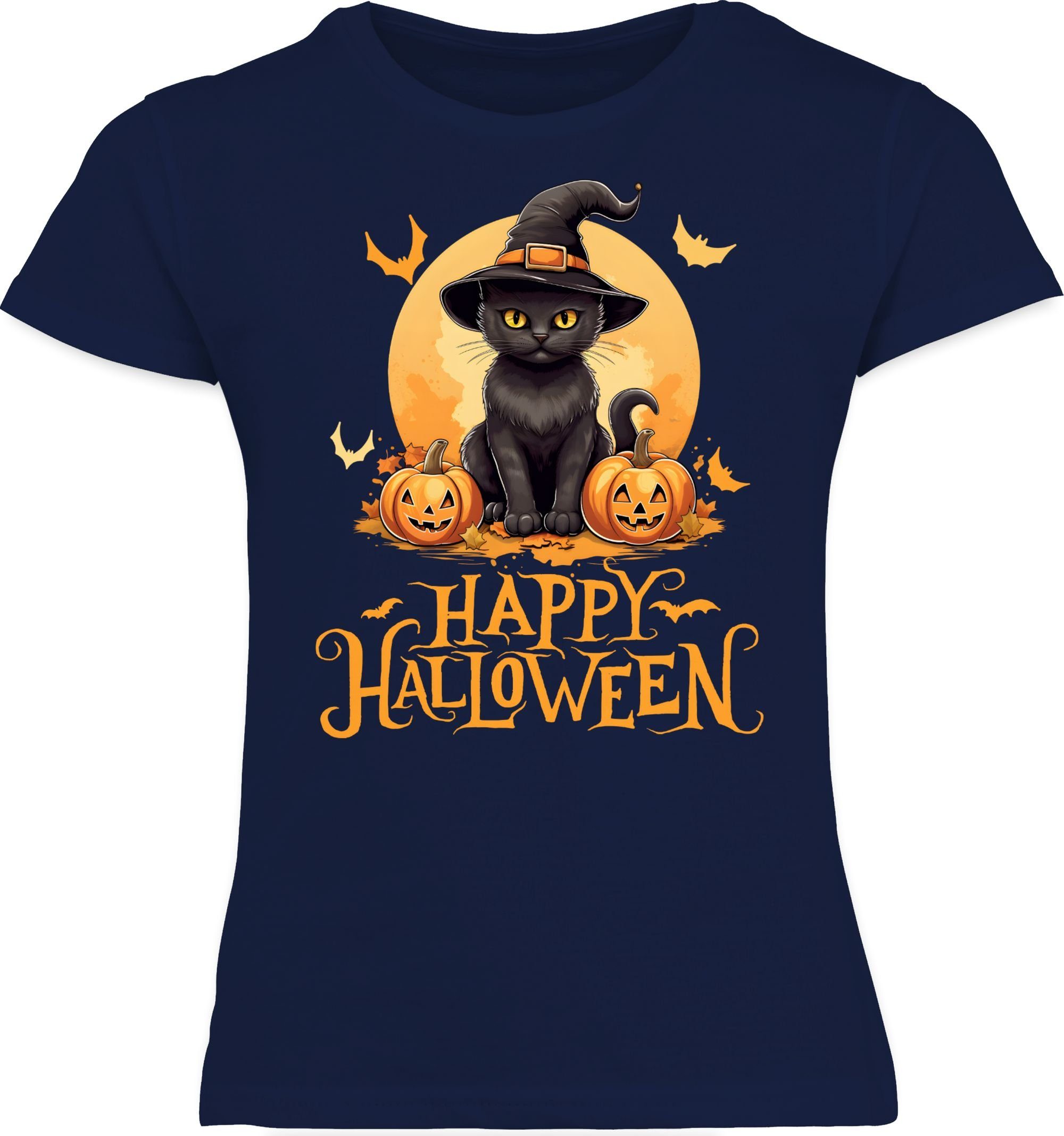 Shirtracer T-Shirt Happy Halloween Katze Lustig Kostüme Dunkelblau Halloween für 03 Katzenliebhaber Hexenhut Kinder Cat