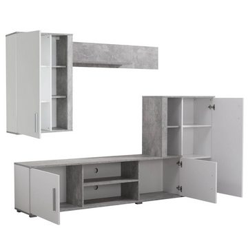 Homestyle4u Wohnwand Schrankwand Anbauwand Wohnzimmer-Set Modern Weiß Beton Optik Holz, (3-St)