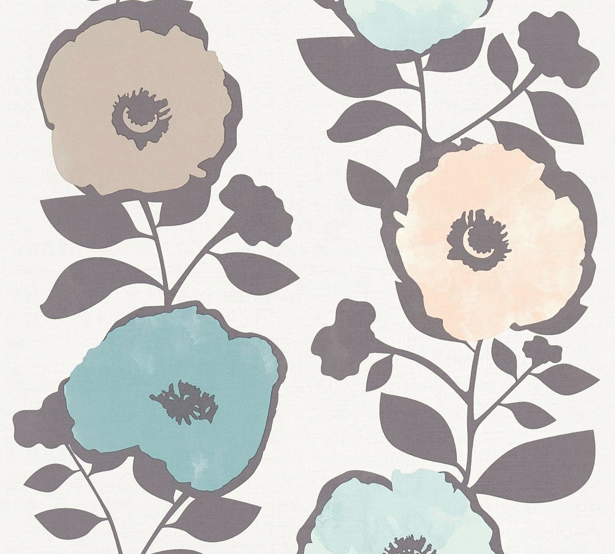 living floral, Vliestapete Blumen walls mit orange/blau/grau/beige/creme Scandinavian, geblümt,