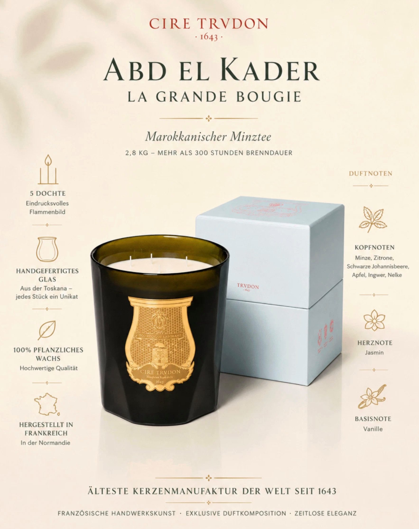 Cire Trudon Duftkerze Abd El Kader Duft Kerze La Grande Bougie 300 Stunden 2,8KG (1-tlg), Handgefertigtes Glas aus der Toskana
