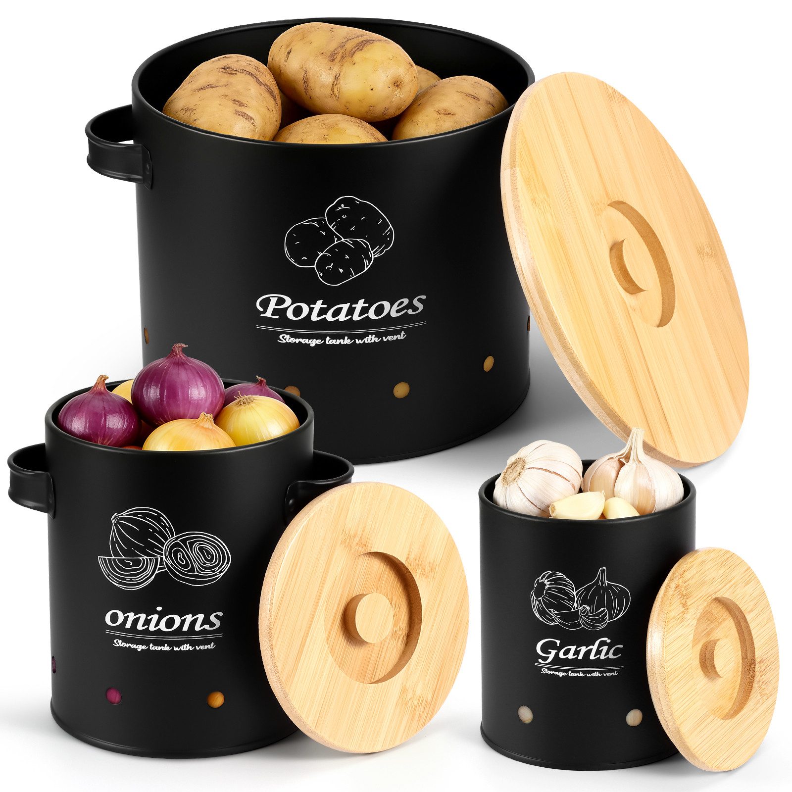 BlingBin Aufbewahrungsbox 3er Set Vorratsbox Set mit Bambusdeckel, Küche Aufbewahrung (3er Set, 3 St., Groß:27×22×19cm, Mittel:17.5×13.5×17cm, Klein:11.2×11.2×14cm), Stapelbar & Verschachtelbar, Aufbewahrung Kartoffeln Zwiebeln
