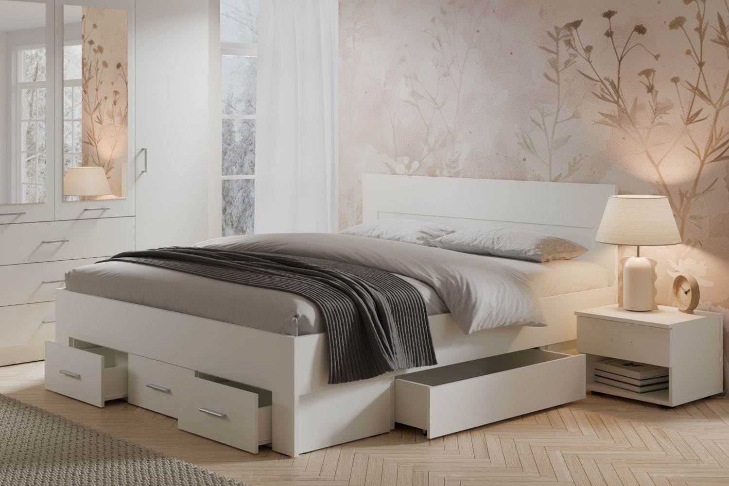 Lukas Möbel Holzbett Doppelbett Mons 180x200 cm mit 2xBettkasten und 3xSchubladen, mit extra viel Stauraum, in weiß oder Eiche Sonoma