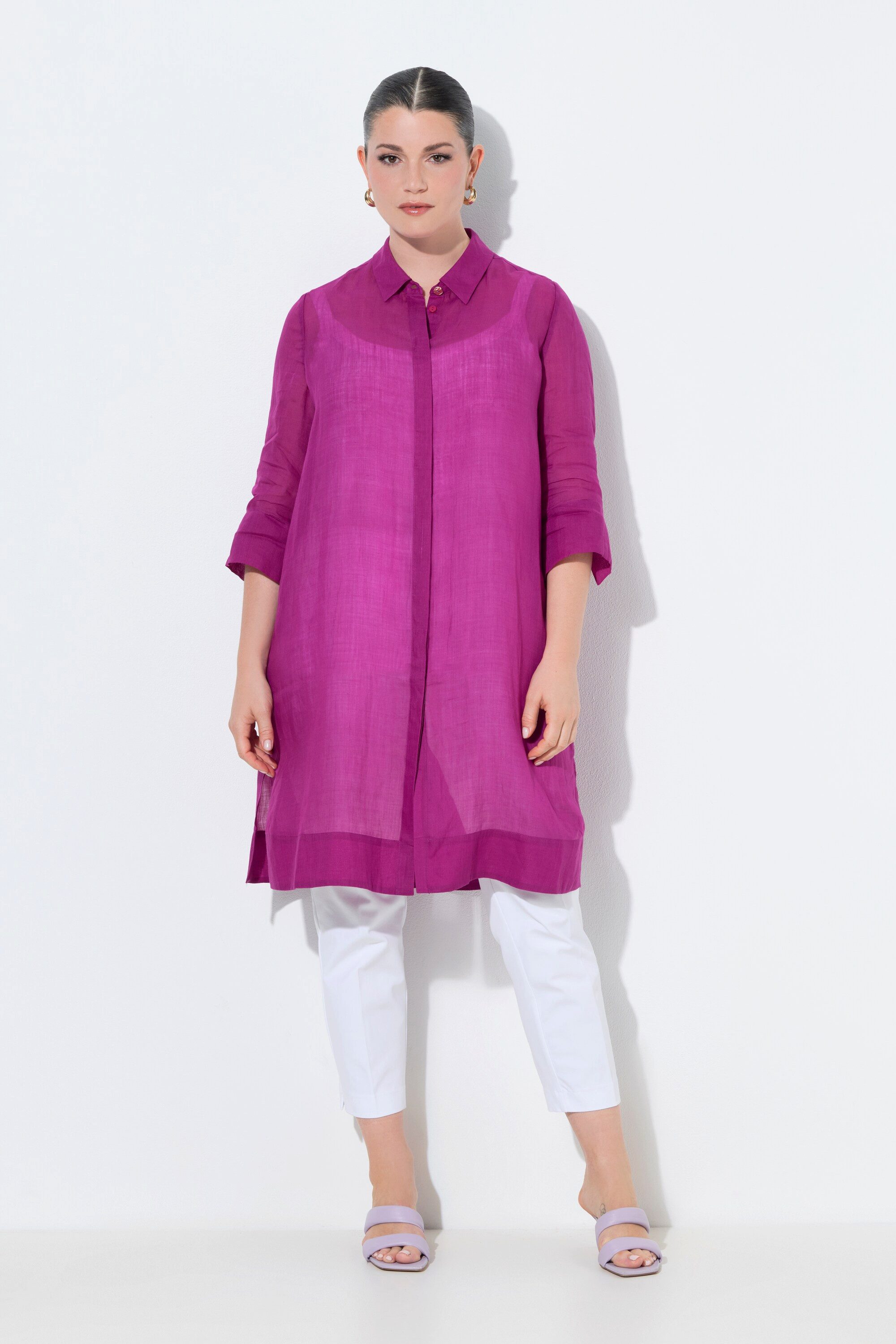 Ulla Popken Longbluse Longbluse Ramie Hemdkragen 3/4-Arm