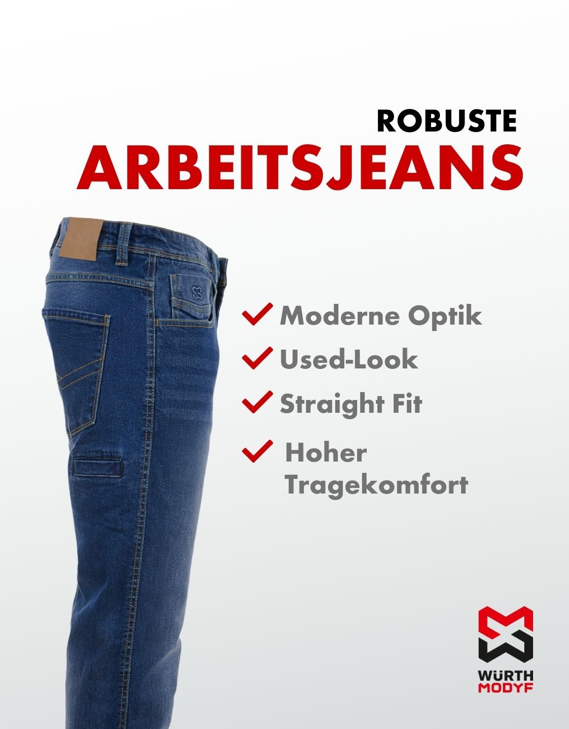 Würth MODYF Workerjeans Stretch X für Herren in sportlicher Denim-Optik Bequeme, elastische Jeans für Profis – Bild 3 von 5