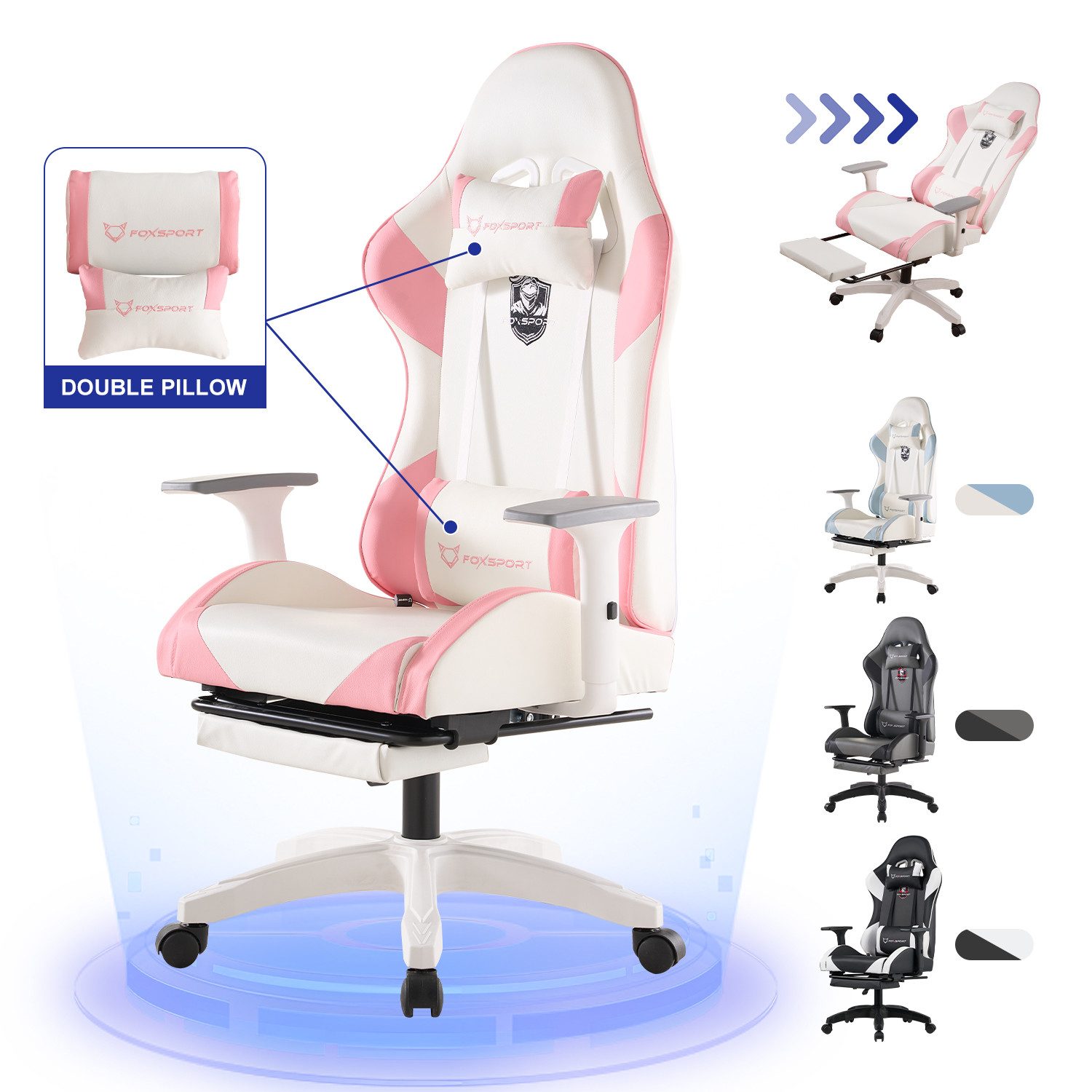 FOXSPORT Gaming-Stuhl inkl. Rücken- & Nackenkissen, ergonomischer Bürostuhl (Computer Stuhl mit Racing-Design, Drehstuhl mit 3D-Armstützen und verstellbarer Fußstütze, 150° verstellbare Rückenlehne, 1 St), 360° drehbar, 10 cm Höhenverstellung, belastbar b