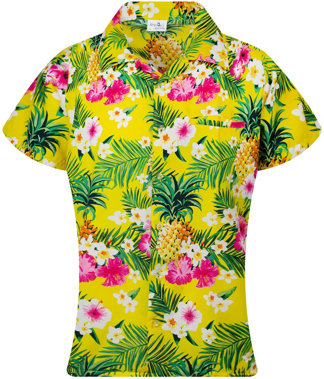 King Kameha Hawaiihemd Pineapple Flowers Funky Hawaiibluse Damen Kurzarm Front-Tasche Stylish