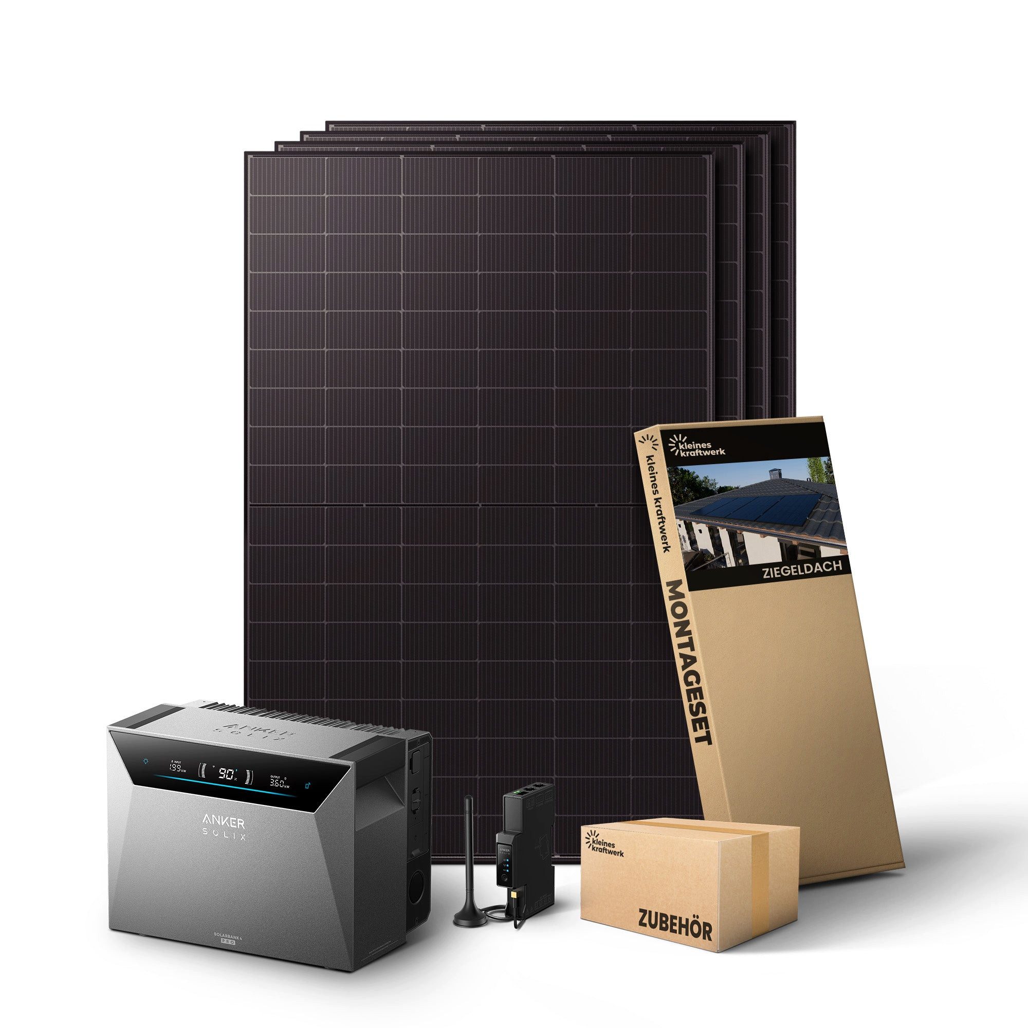 Kleines Kraftwerk Balkonkraftwerk, 2000 W, Monokristallin, (Ziegeldach, Solaranlage Komplettset mit Speicher), 4 x 500W, Anker Solarbank 4 Pro