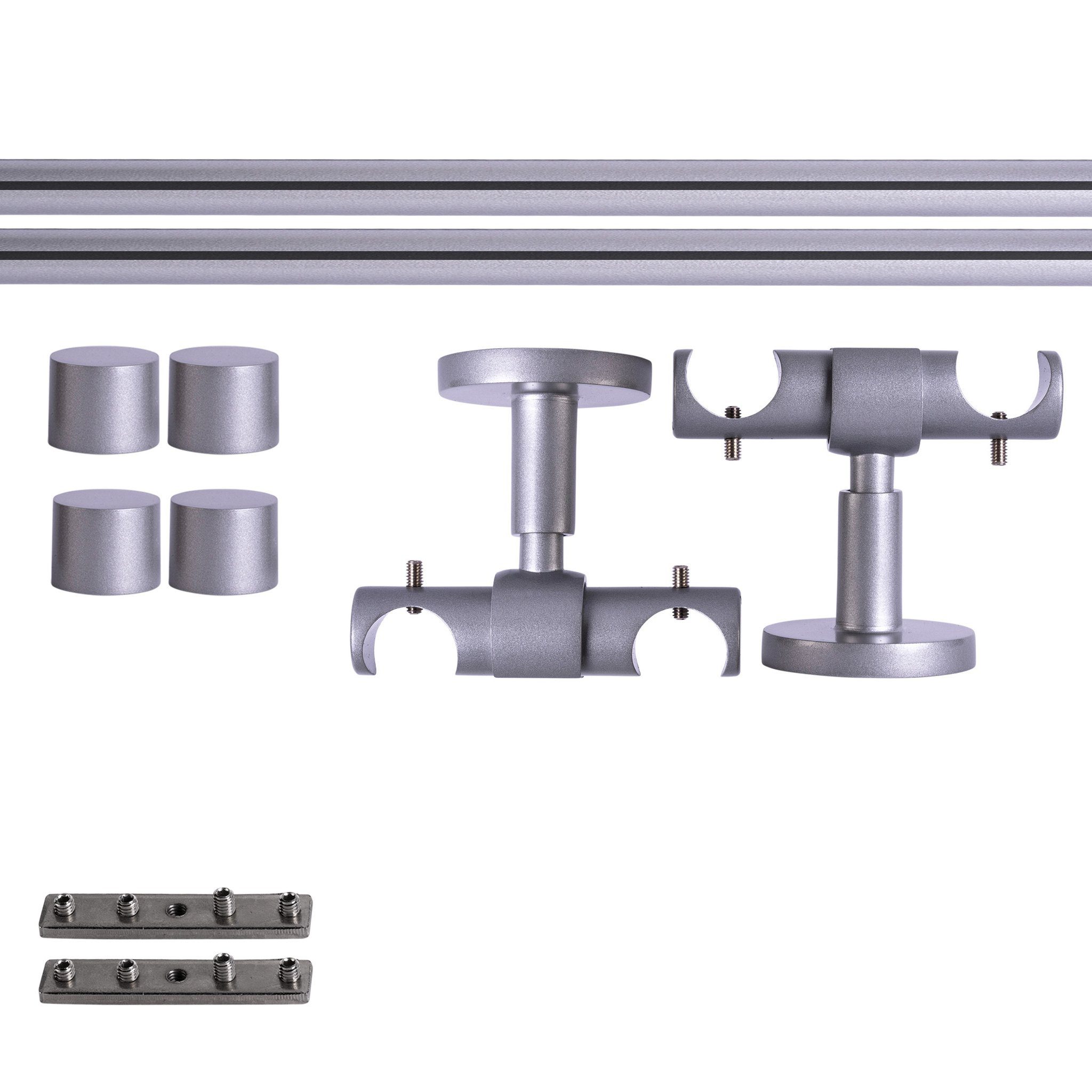 Victoria M. Gardinenstange Set Innenlauf, 200 cm, silber, Kappe, Ø 19 mm, 2-läufig, mit Bohren, verschraubt, Aluminium, Innenlauf-System, individuell konfigurierbar, Komplettset