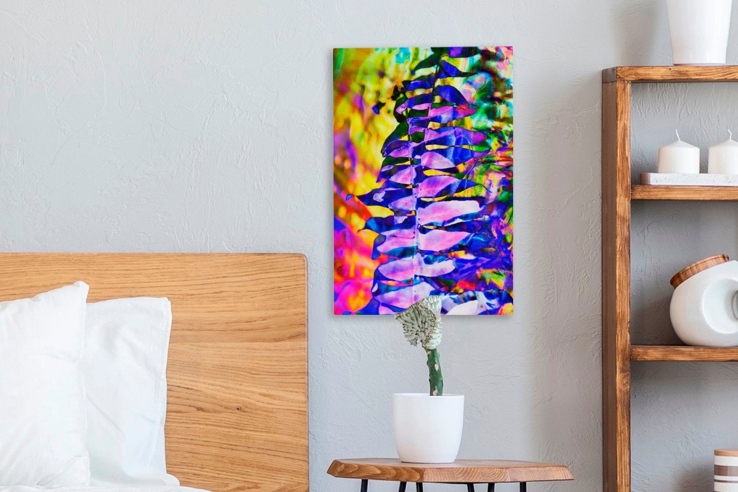 OneMillionCanvasses® Leinwandbild Lila Zackenaufhänger, einem cm fertig abstrakten Gemälde, St), Farn in bespannt Kunstwerk, (1 20x30 Leinwandbild inkl