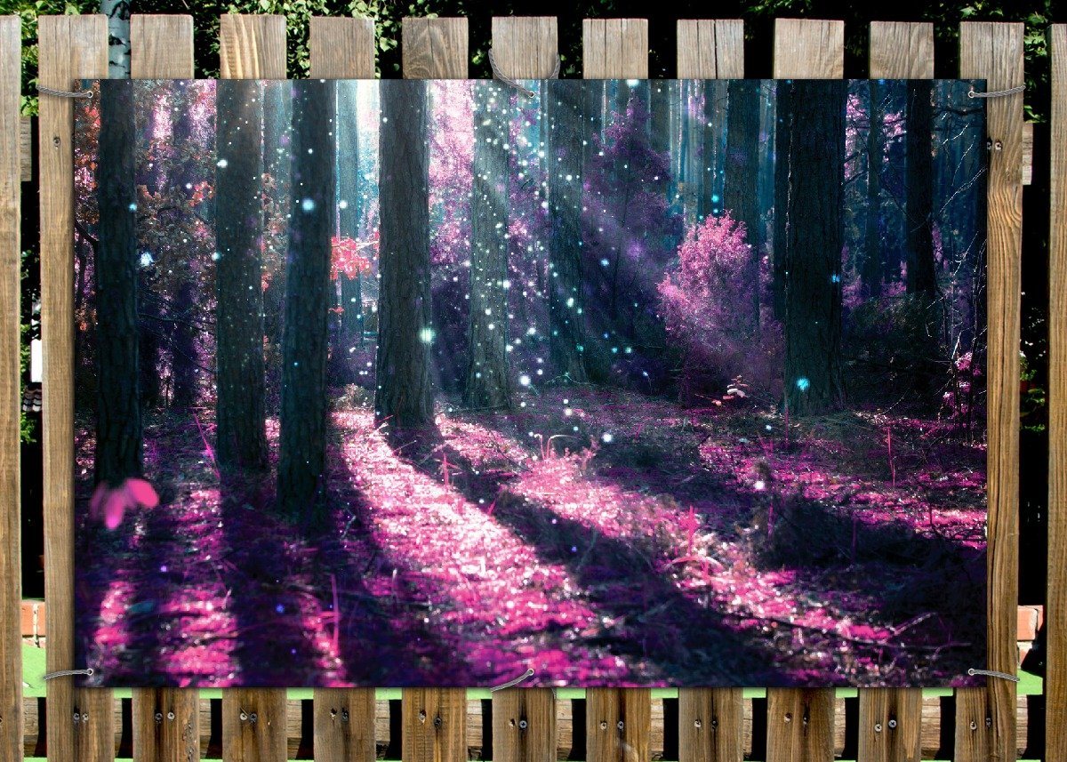 Thumbnail - Wallario Sichtschutzzaunmatten Fantasie im Wald - Pinke Blumen in der Sonne
