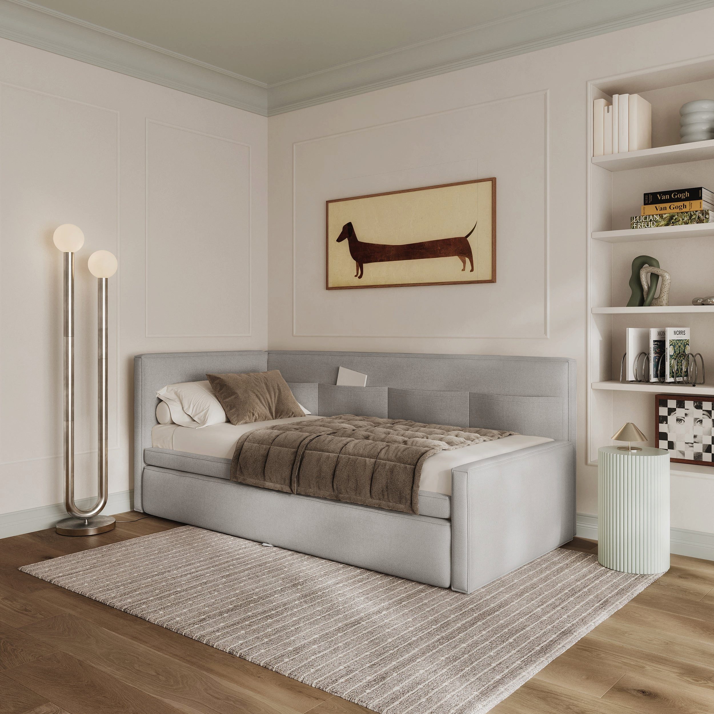 Selsey Kinderbett NESMI, Jugendbett Nesmi, ausziehbar, 2 Matratzen, links, hellgrau