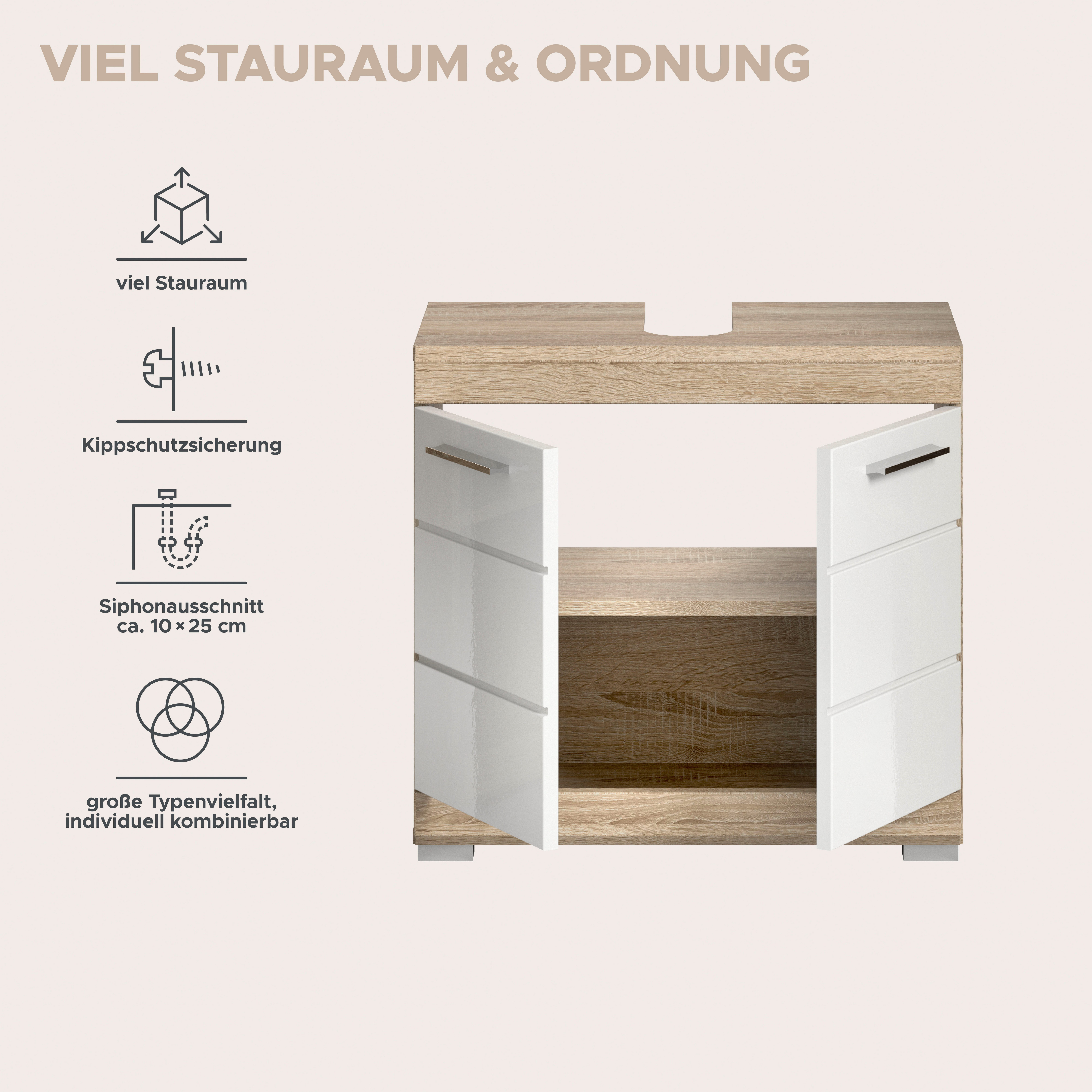 welltime Waschbeckenunterschrank SIENA, Breite 60cm, mit 2 Türen oder 2 Schubkästen, MDF-Front (1-St., TOPSELLER!, mit Siphonausschnitt 10x25 cm) in verschieden – Bild 5 von 5