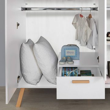 Lomadox Kleiderschrank MANISA-19 Kinderzimmer in Weiß mit Absetzungen in Buche massiv, 130/190/60 cm