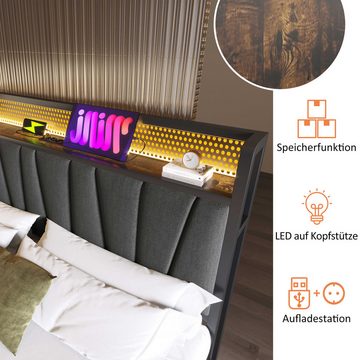 BlingBin Polsterbett Metallbett Lattenrost aus Holz (Doppelbett mit aufladen USB Ladefunktion Kopfteil), LED App-Control, LED-Beleuchtung, 140x200cm