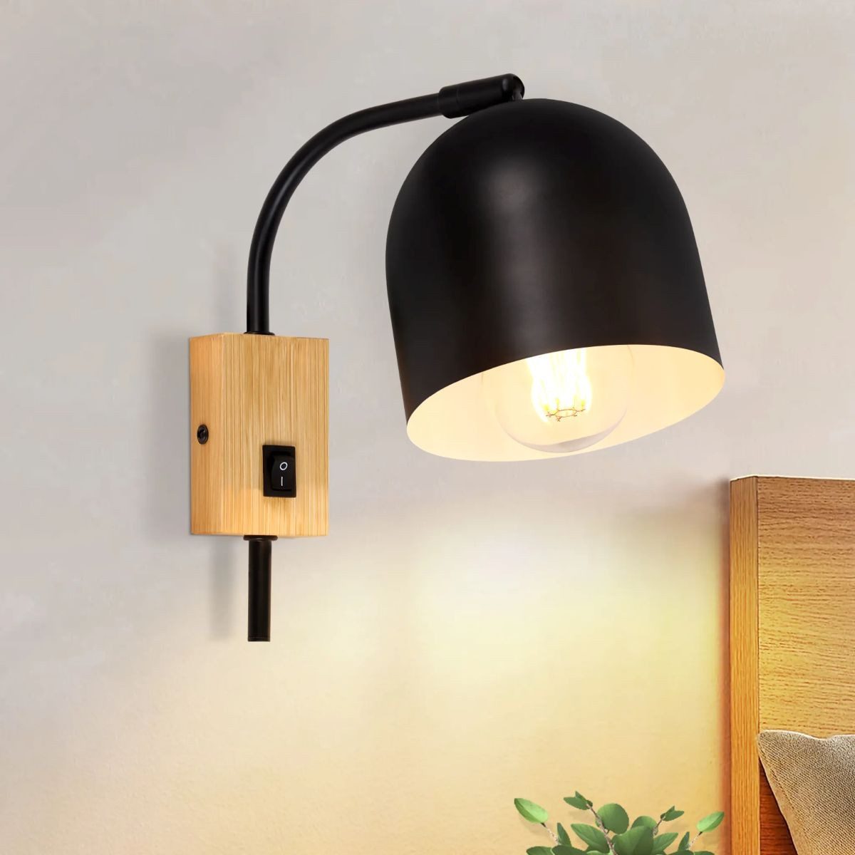 Nettlife Wandleuchte Innen Holz Schwarz/Weiß Schalter Retro Wandlampe Holzschirm, Schwenkbar 330°, ohne Leuchtmittel, für Flur Kinderzimmer Wohnzimmer Schlafzimmer Treppe