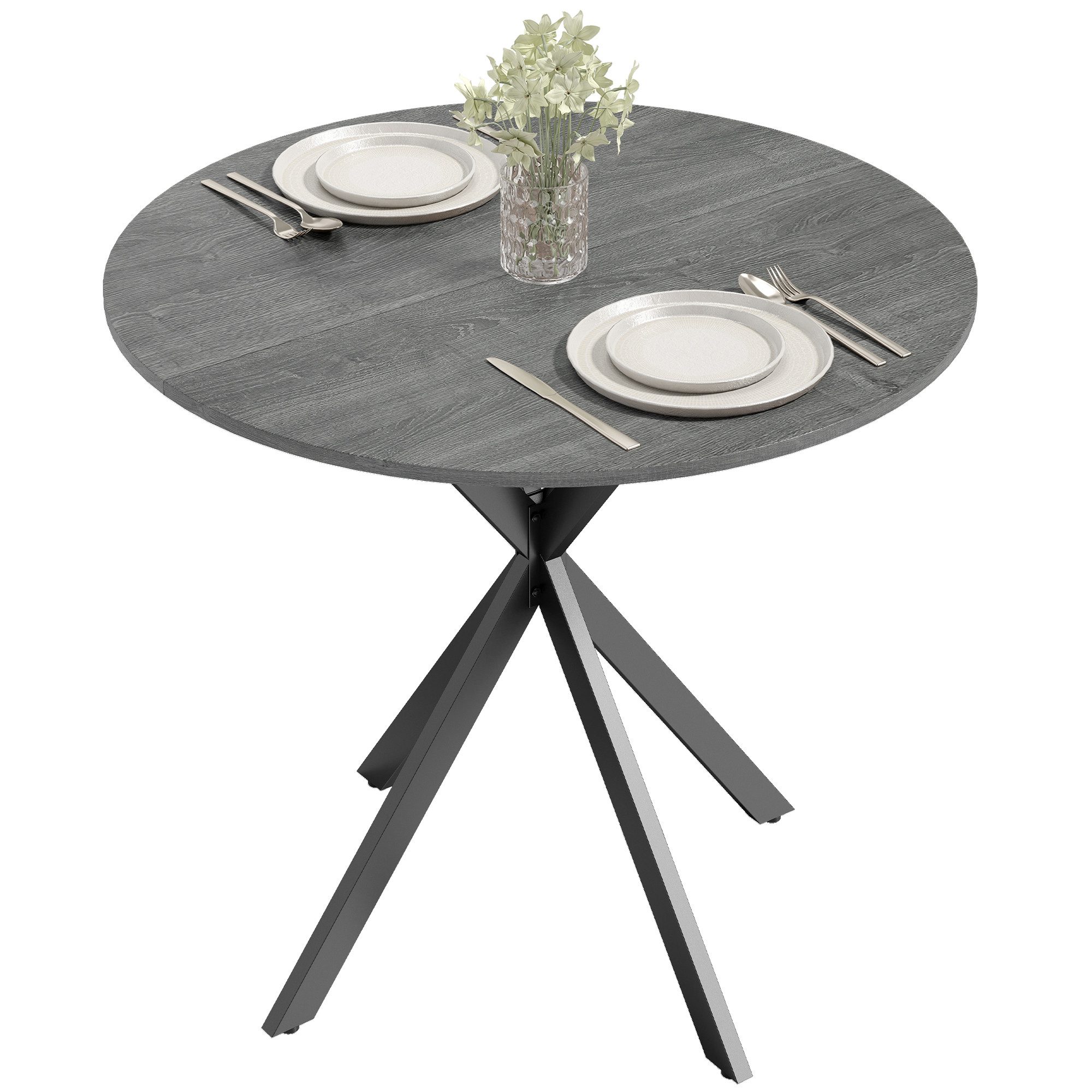 HOMCOM Esstisch Küchentisch im Industriestil mit Stahlbeinen für 2 Personen (für Esszimmer, Küche, Wohnzimmer, 1-St., rund, 80 x 80 x 75 cm), Grau – Bild 2 von 5