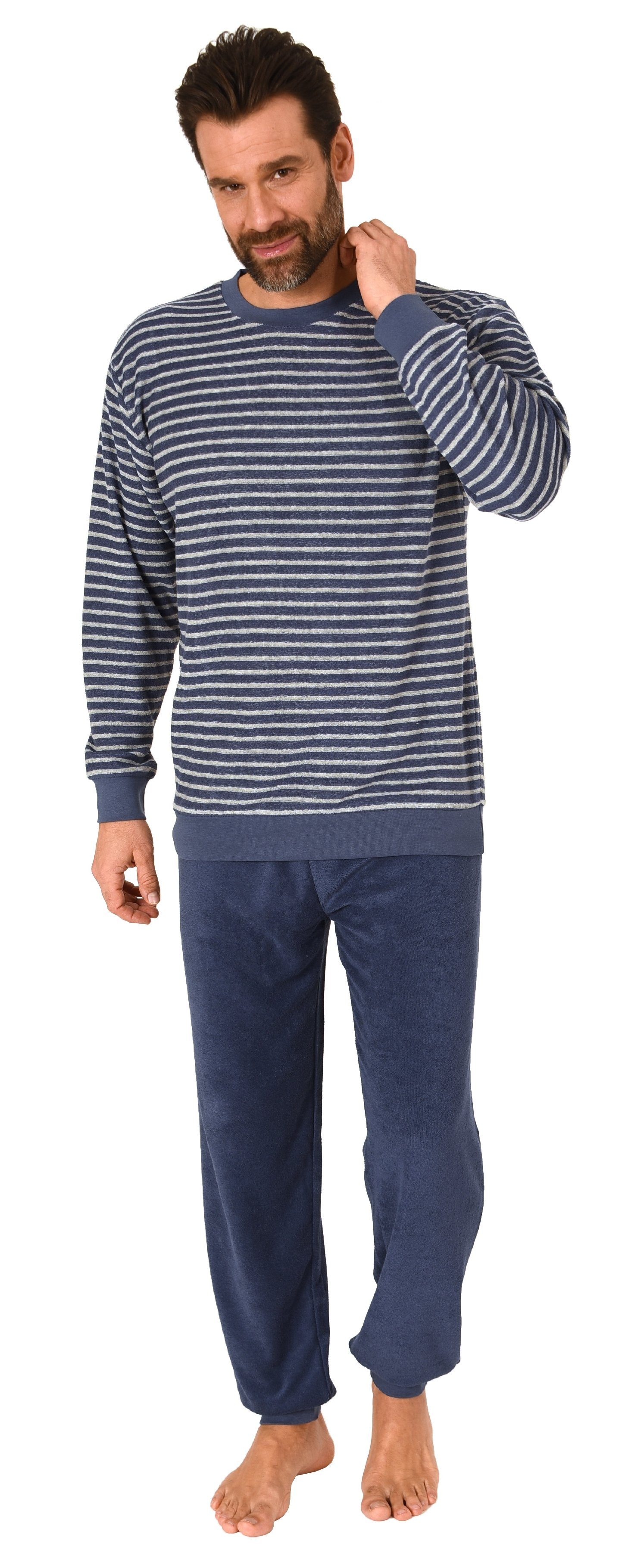 Normann Pyjama Herren Frottee langarm Schlafanzug mit Bündchen in Streifeno günstig online kaufen