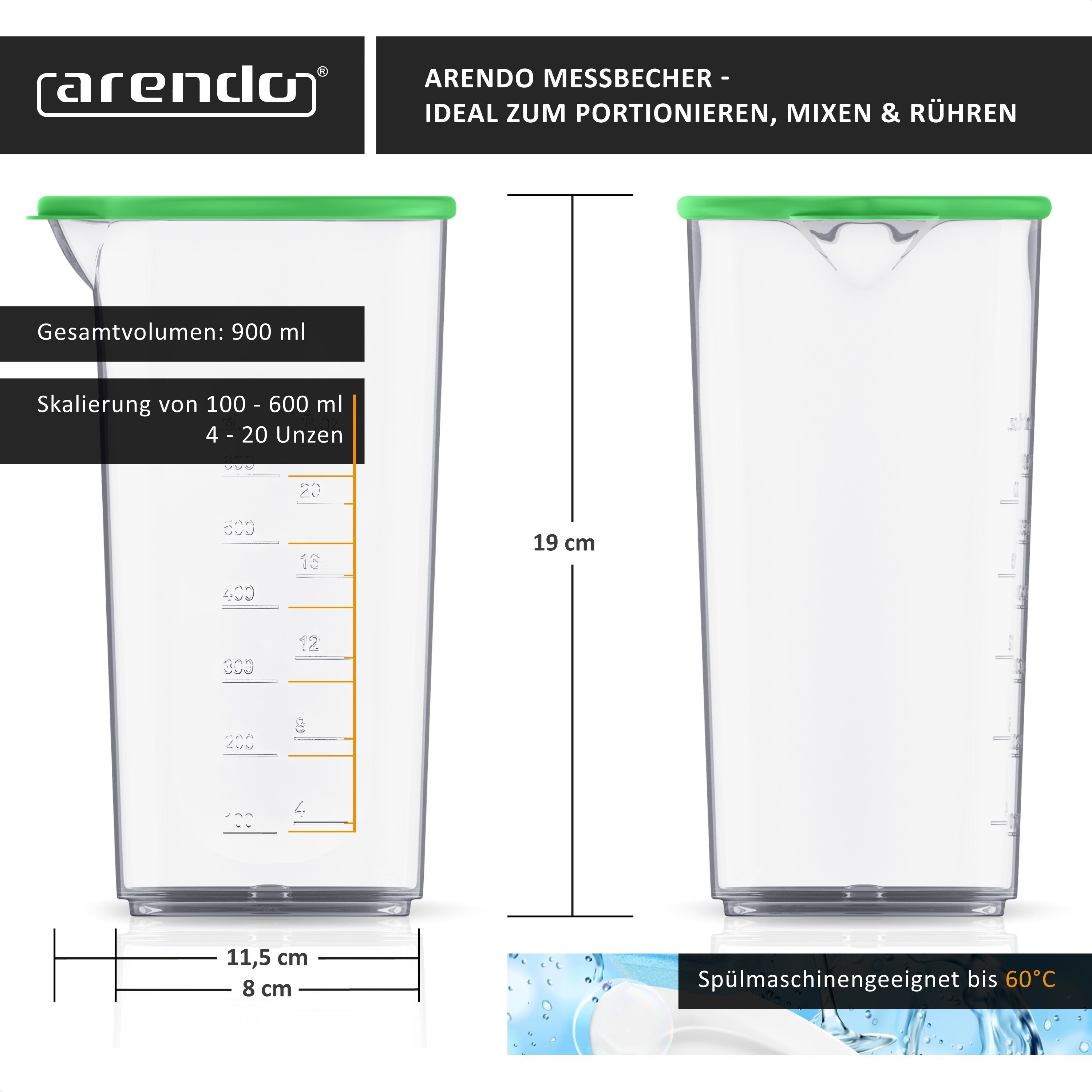 Handrührer Deckel elektrische Handmixer 600ml, ideal Arendo und für mit Messbecher, grünem Kunststoff, transparent